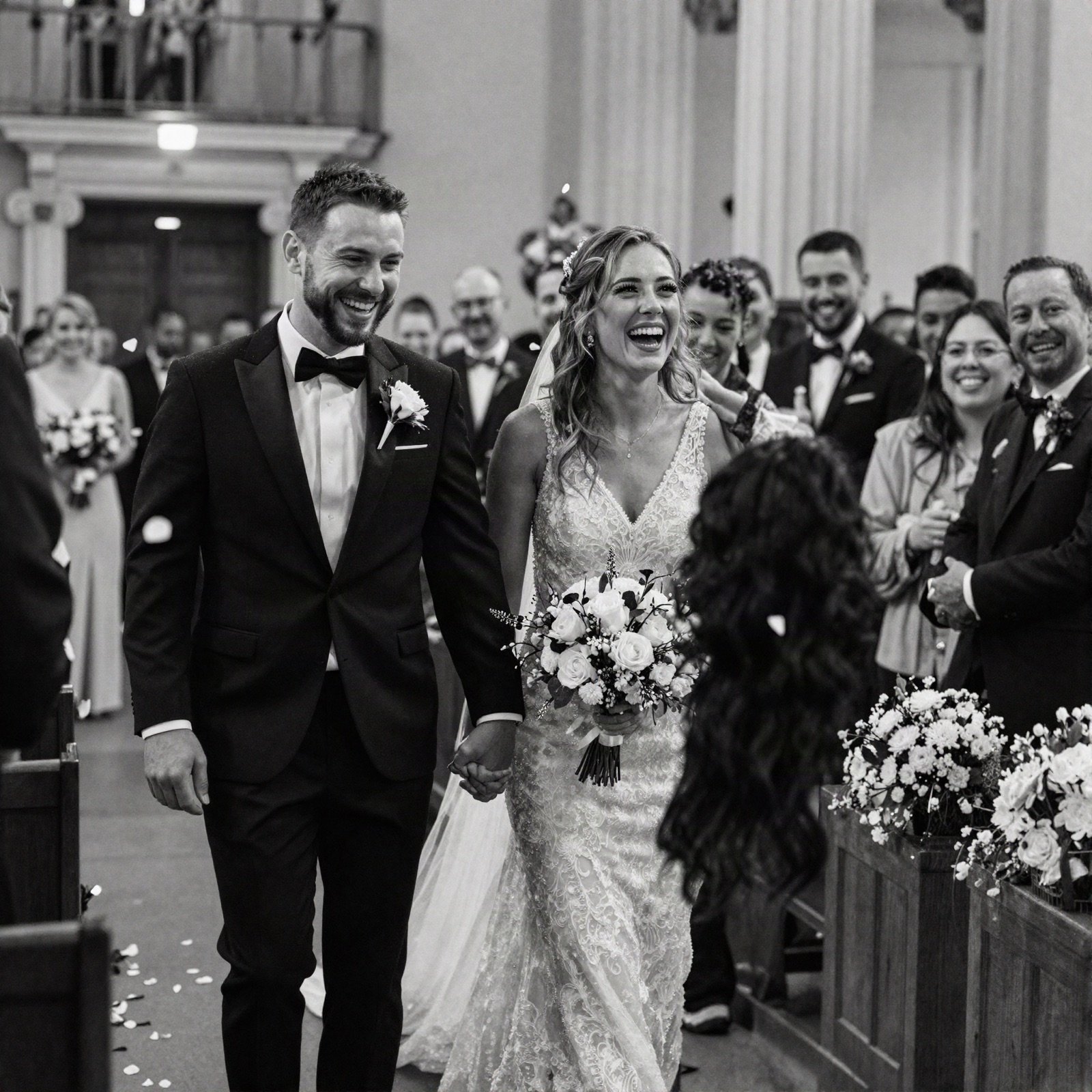 Newlyweds laughing as they walk down the aisle, in black and white