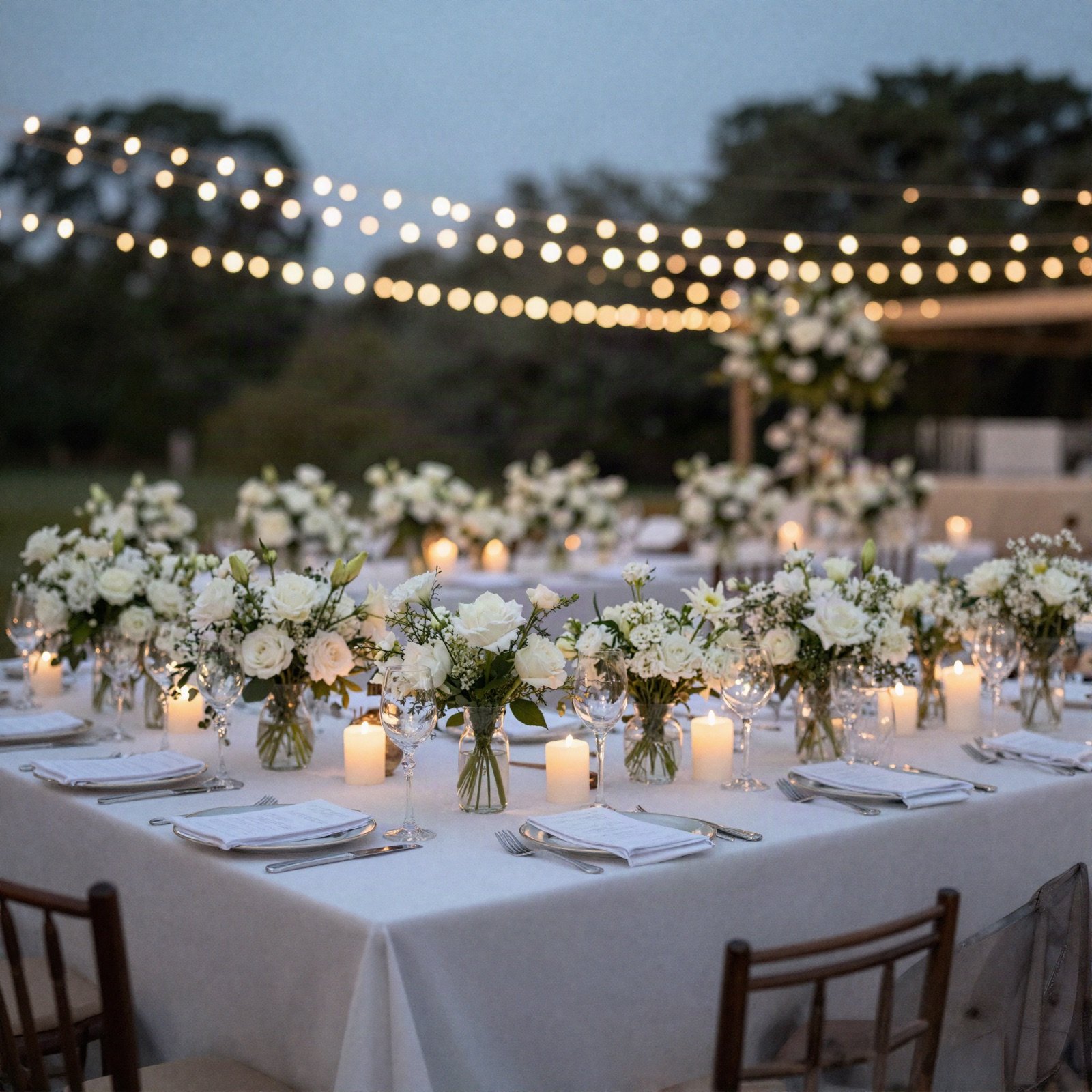 A candlelit outdoor reception table under string lights