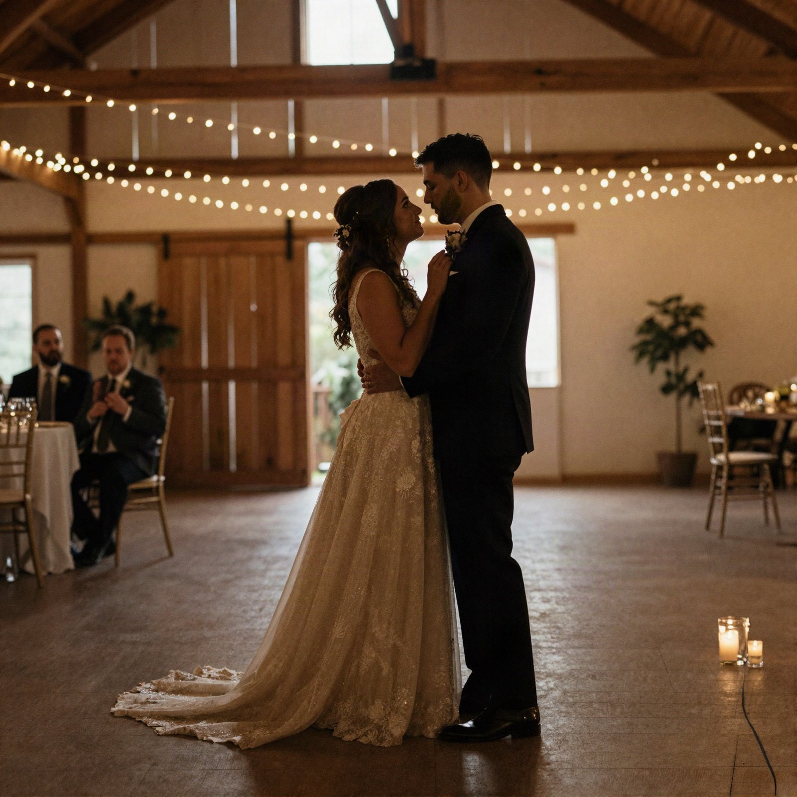 A couple sharing their first dance in a barn with fairy lights
