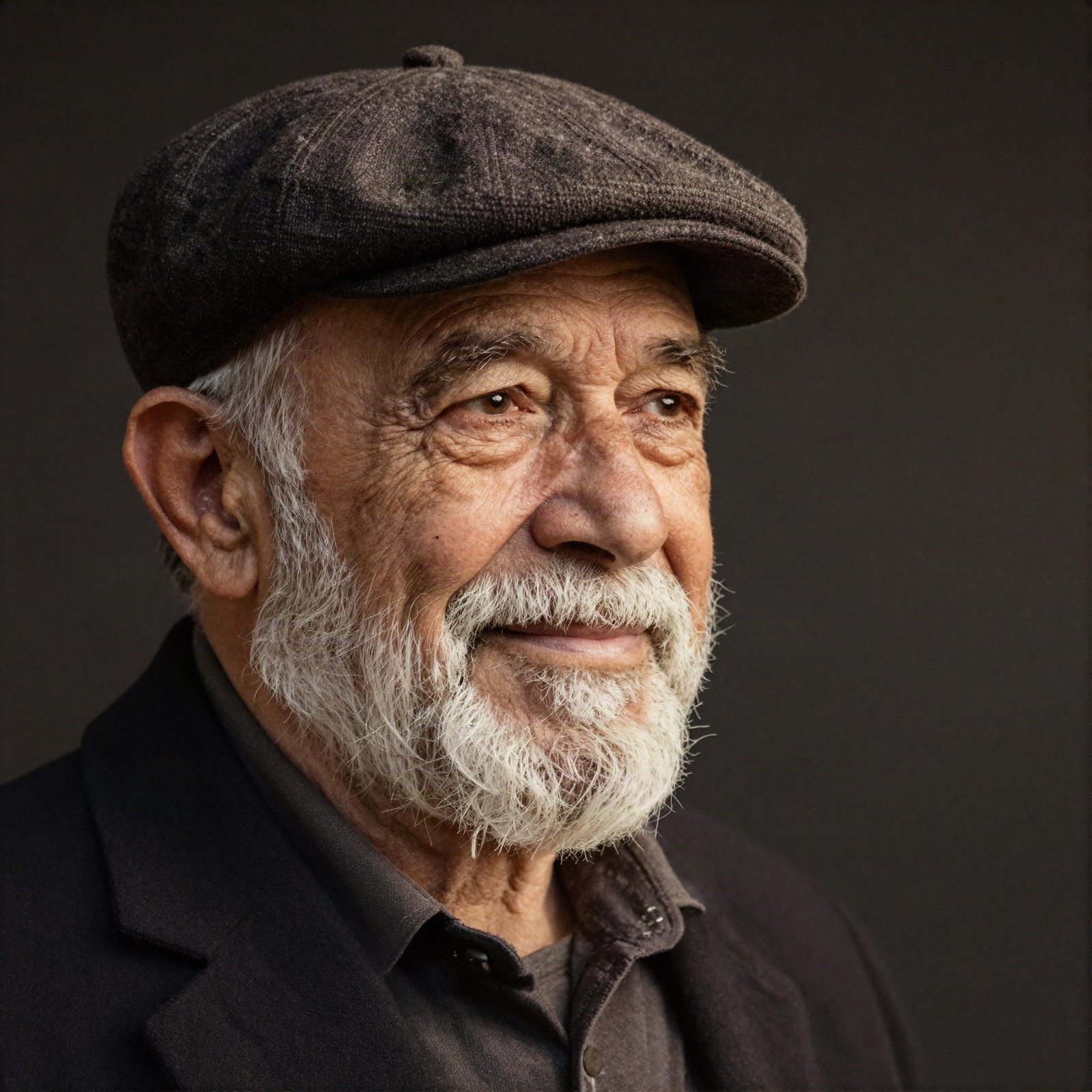 An elderly man in a flat cap smiling in warm side light