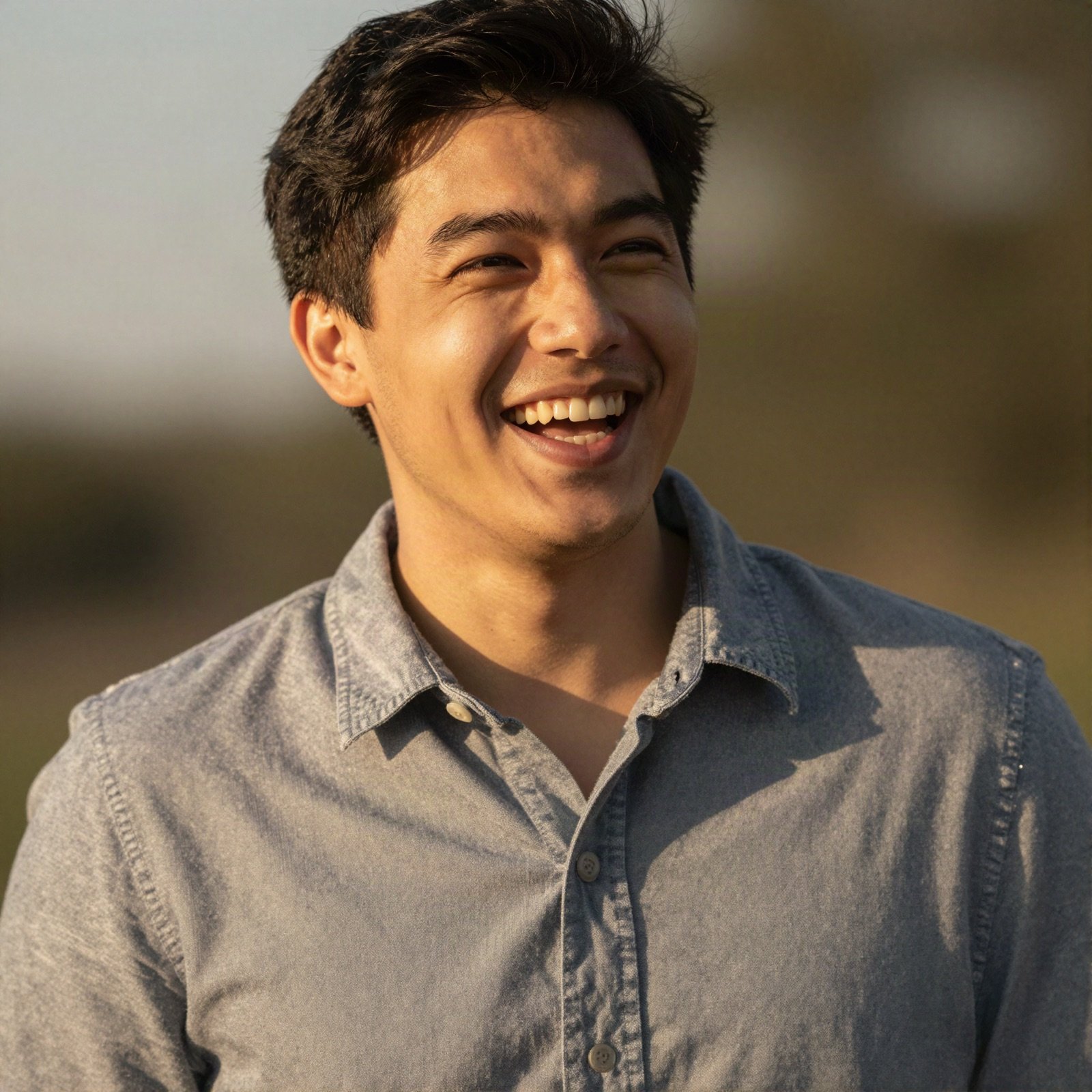 A young man laughing outdoors in golden light
