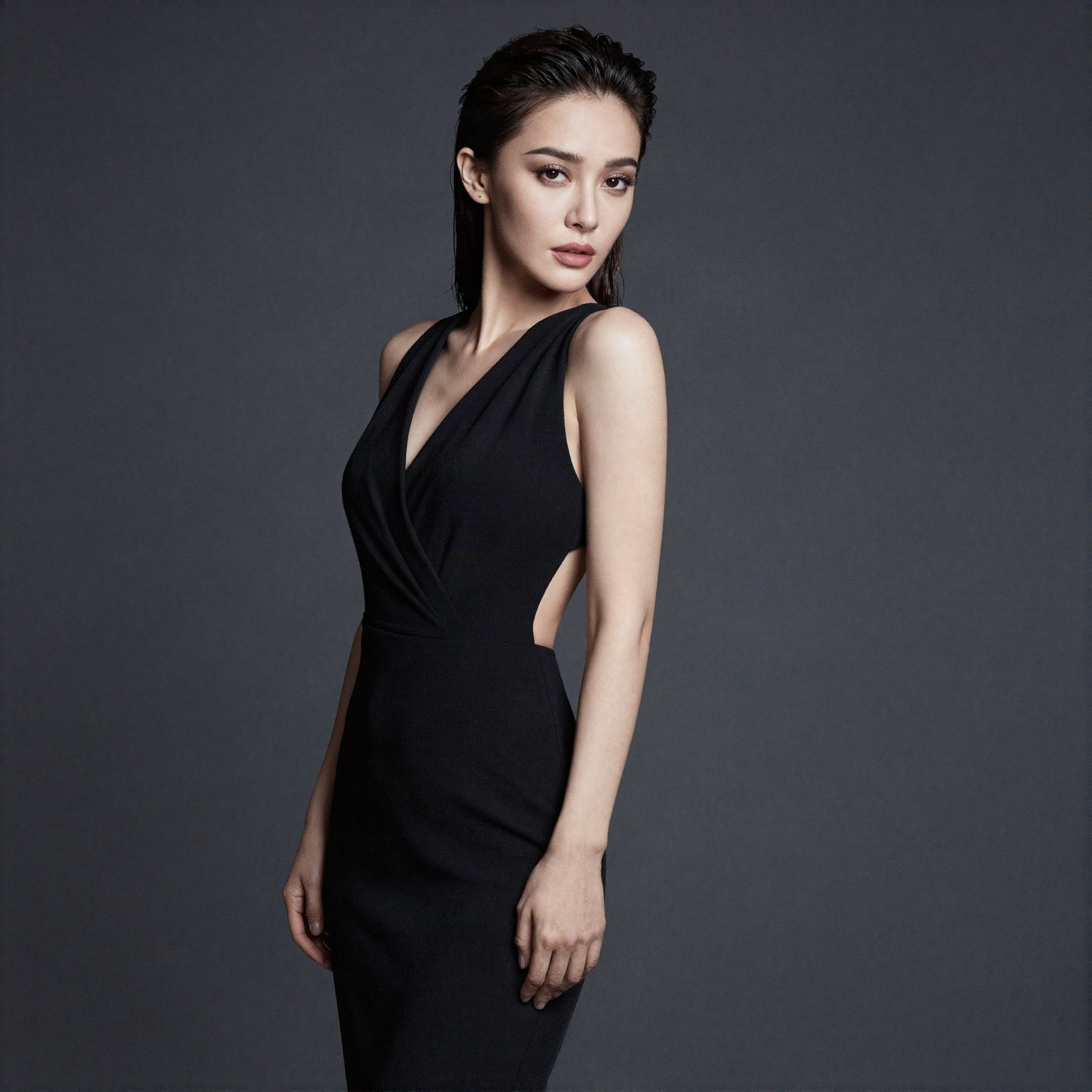 A woman in an elegant dress in a glamour studio portrait