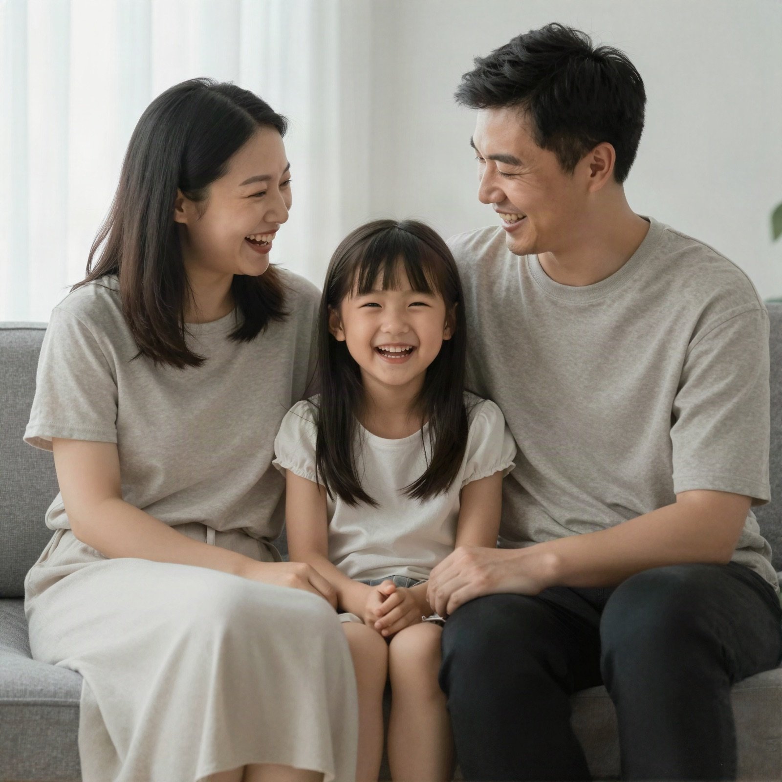 A family of three sitting together on a sofa at home