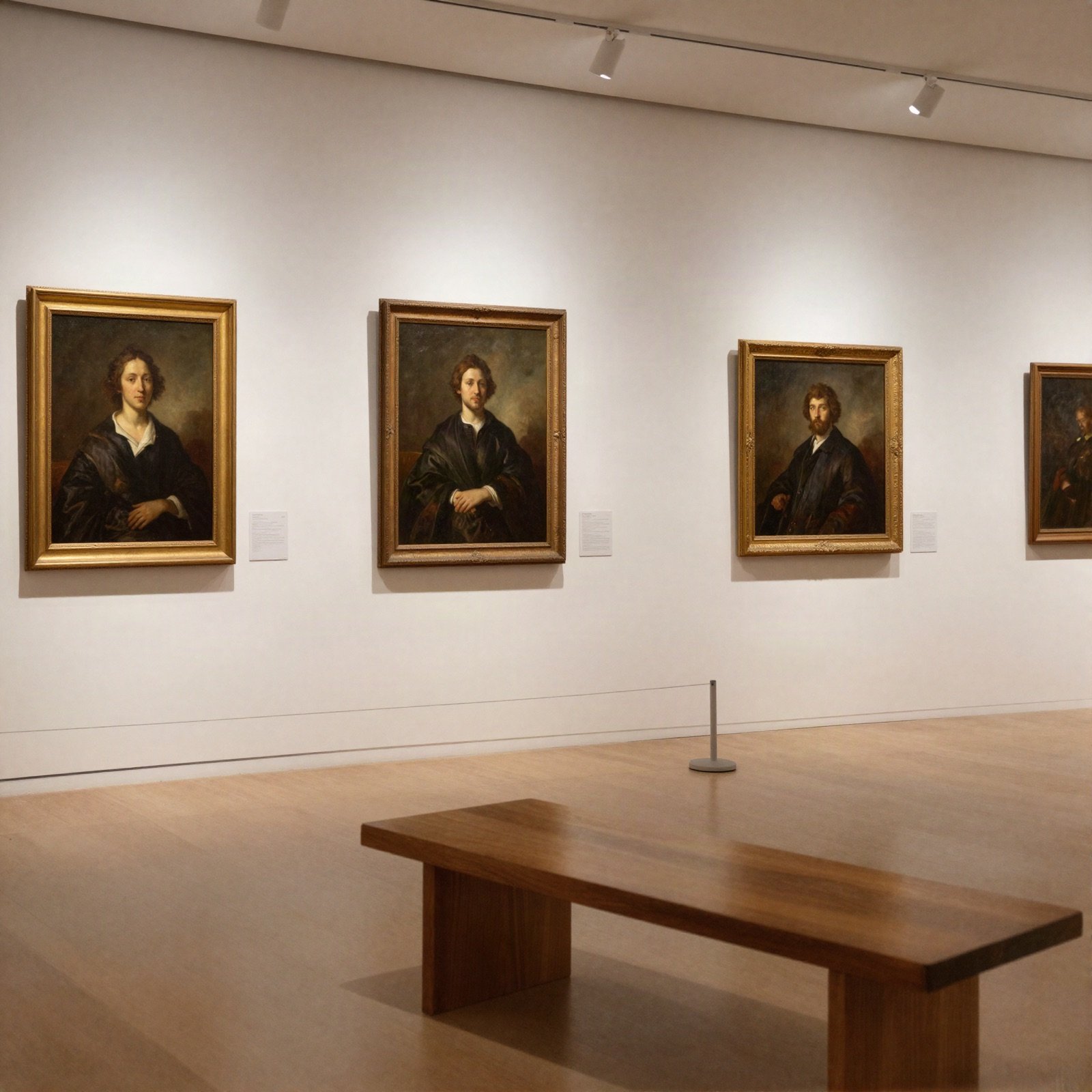 A gallery room with framed oil portraits on white walls and a wooden bench