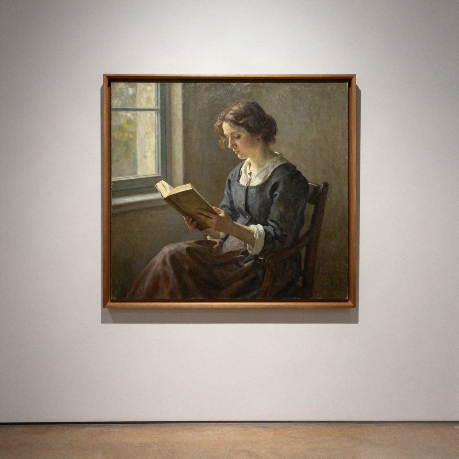A framed oil painting of a woman reading by a window on a gallery wall
