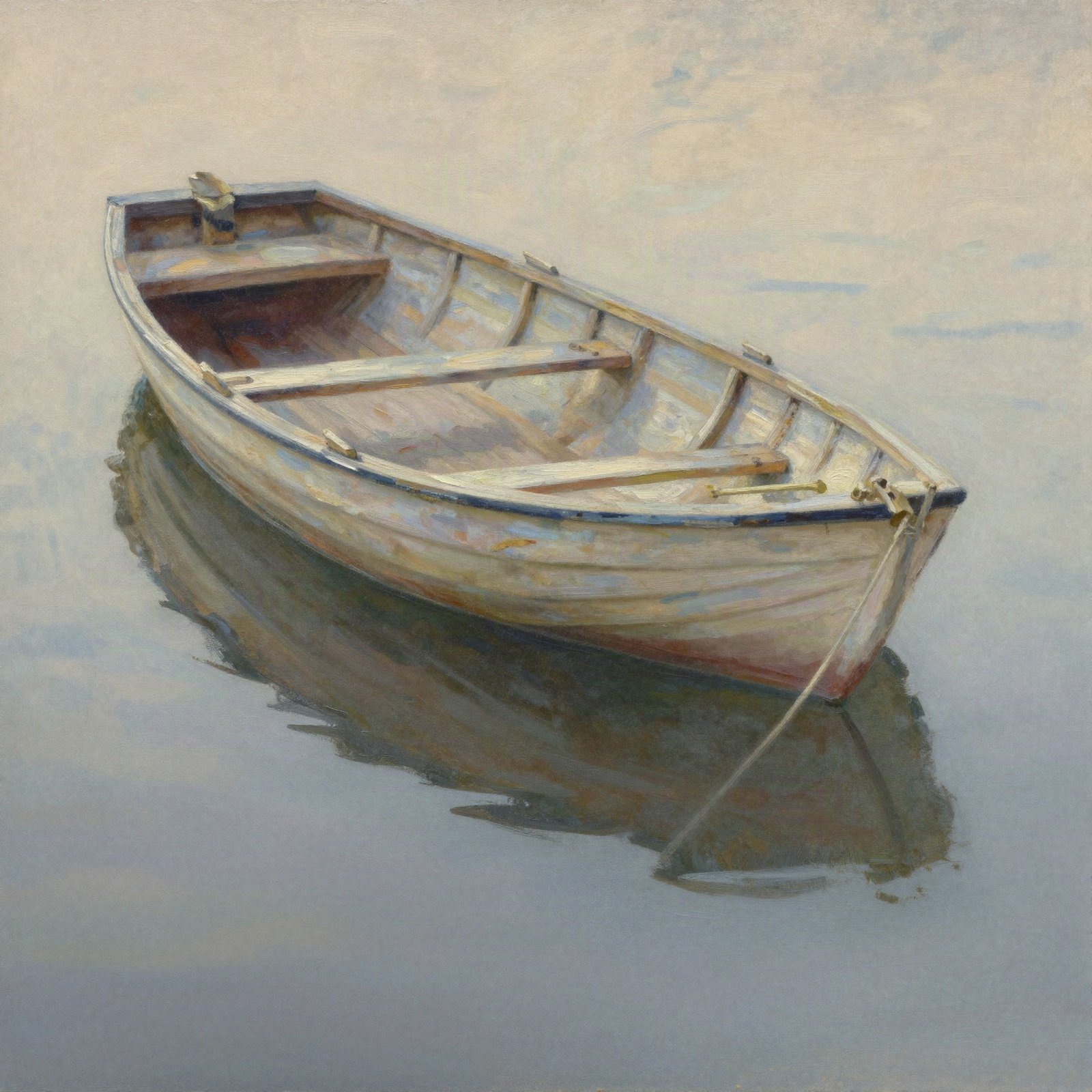 An oil painting of a small wooden rowing boat moored on still water