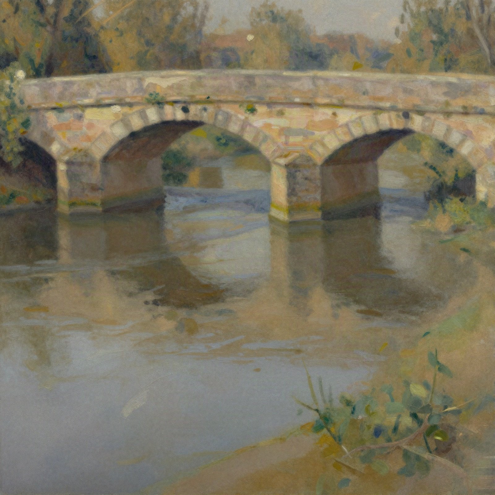 An oil painting of an old stone arched bridge over a calm river