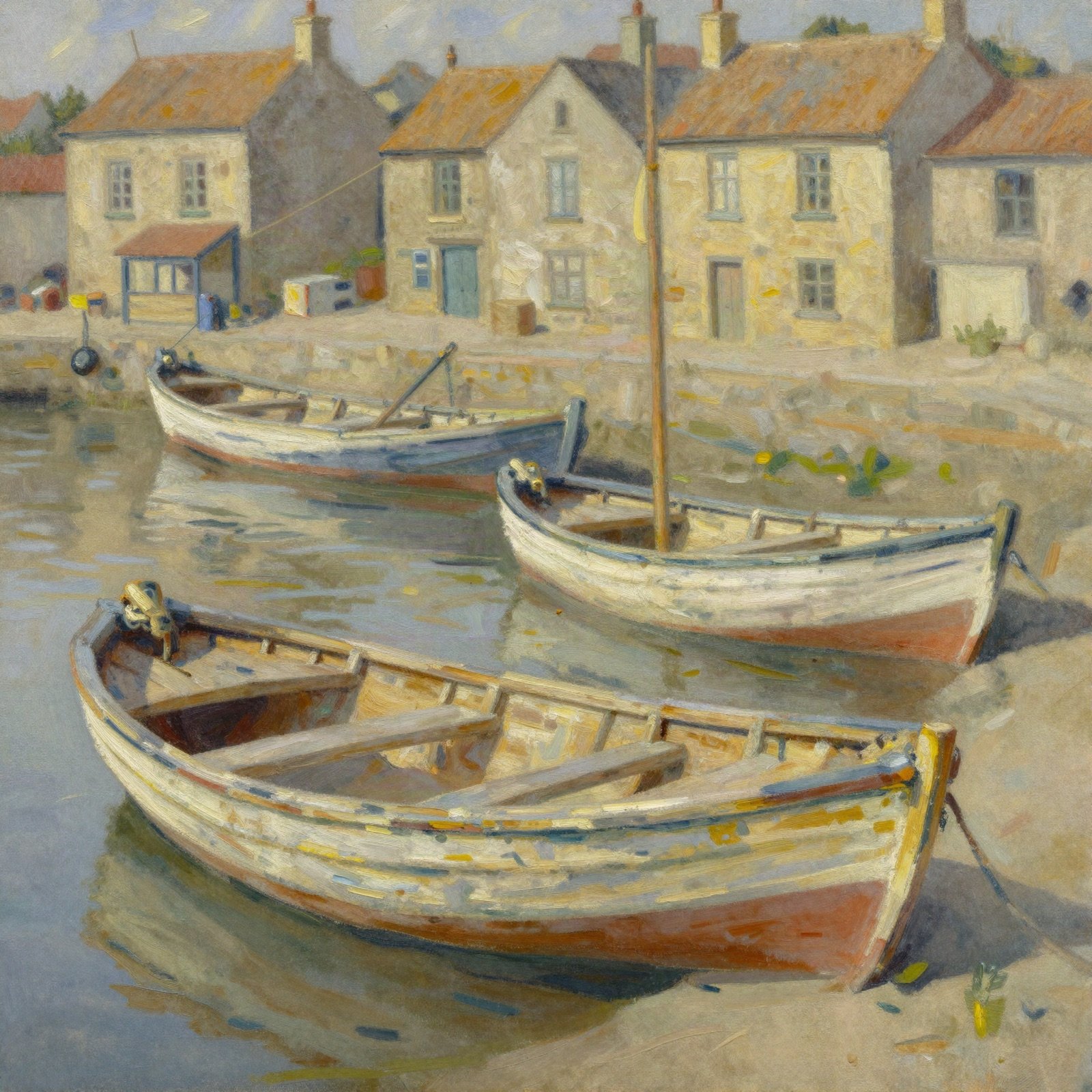 An oil painting of wooden fishing boats in a harbour lined with stone houses