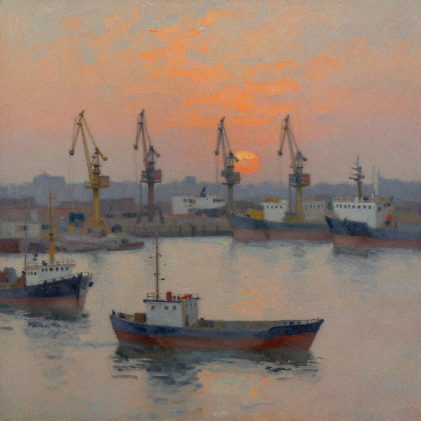 An oil painting of a sea port with cranes and ships at sunset