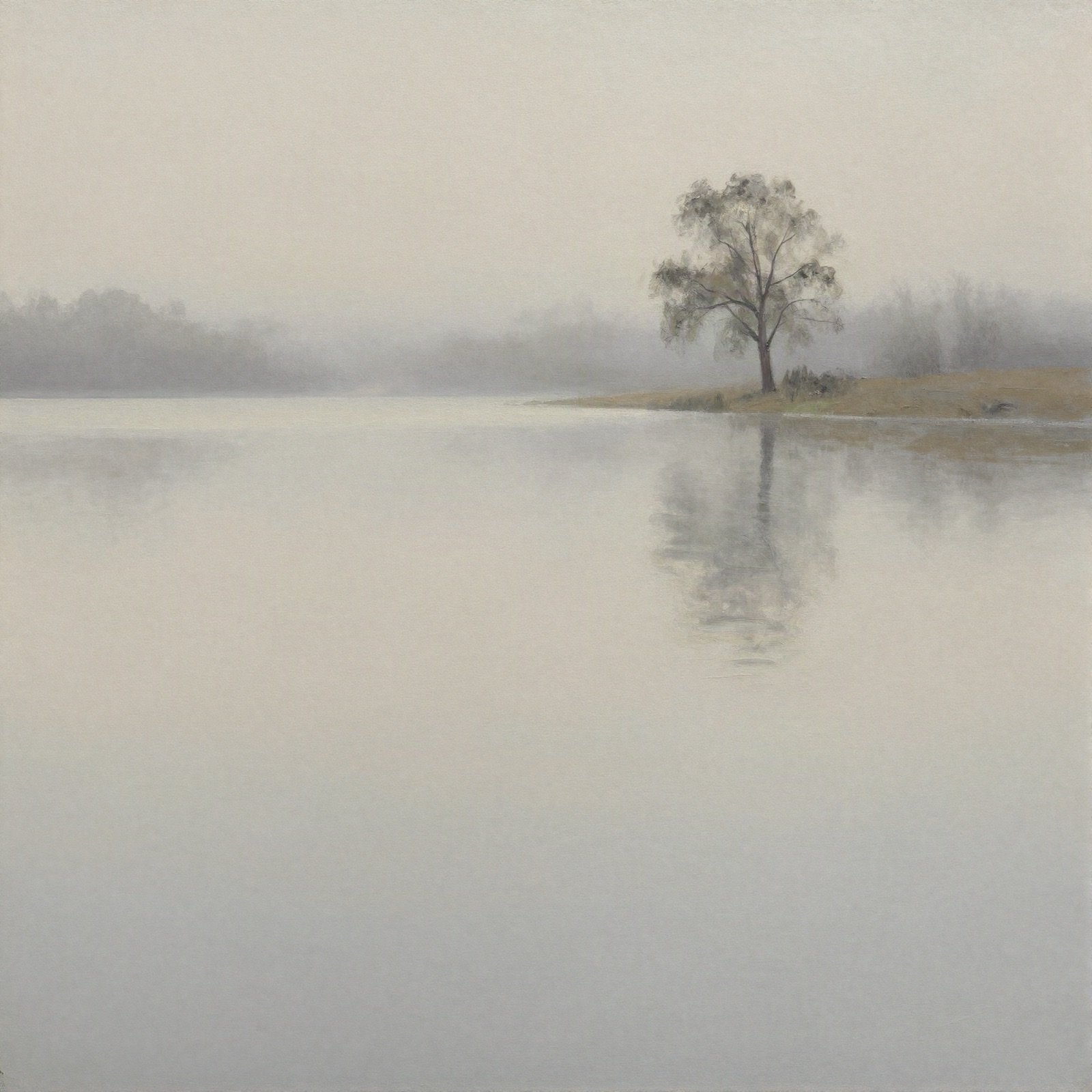 A misty oil painting of a still lake with a lone tree