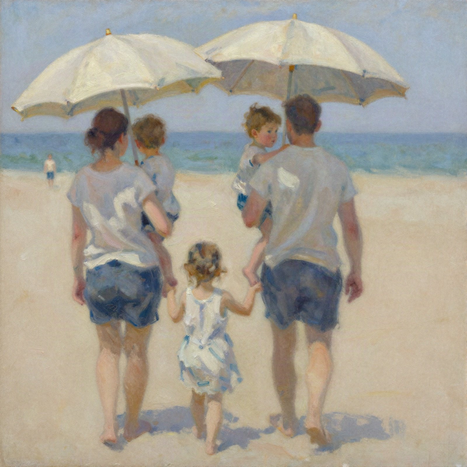 An oil painting of a family walking on a beach under white parasols