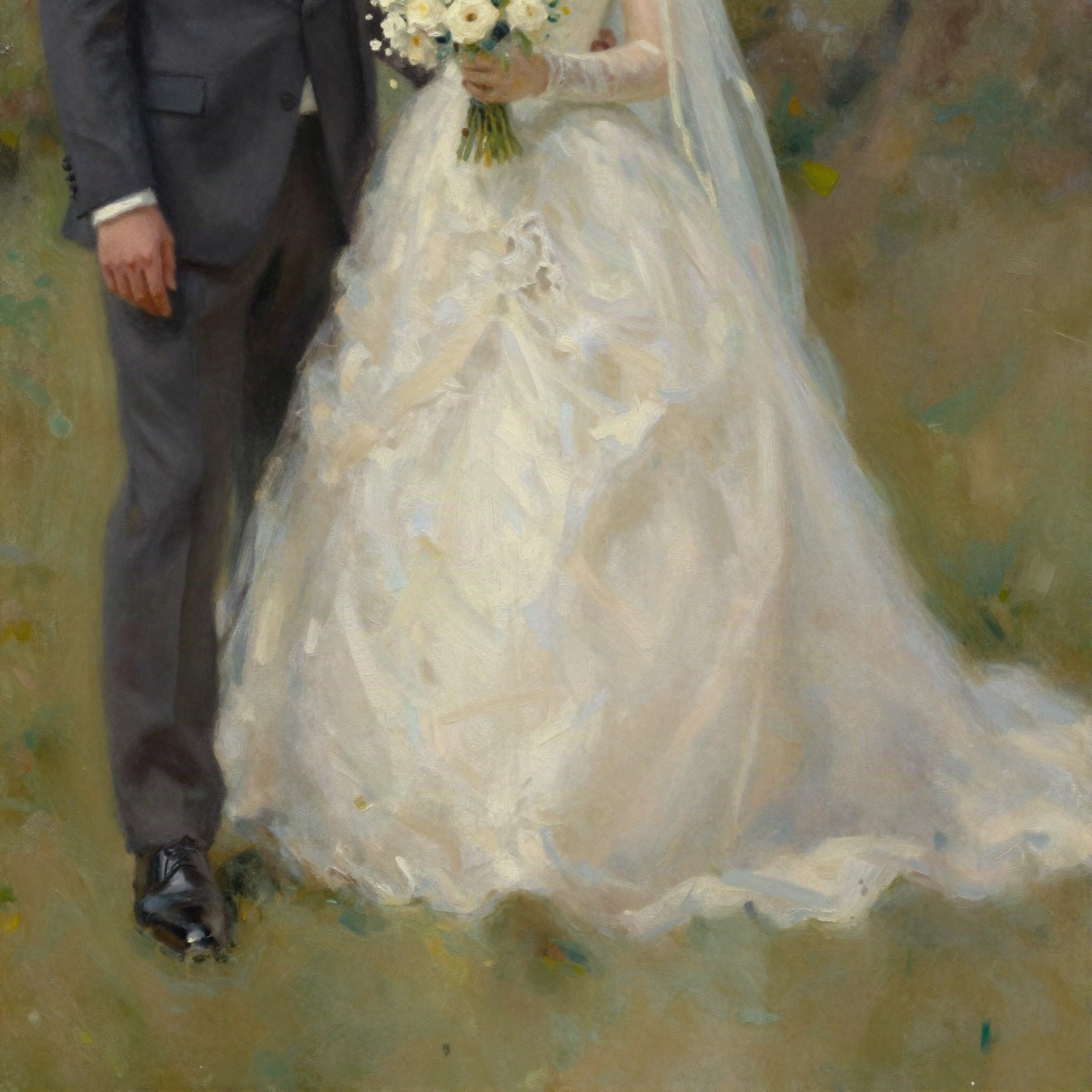 An oil painting of a bride and groom walking together across a lawn