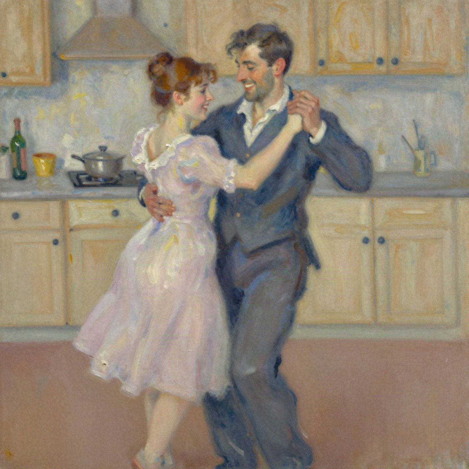 An oil painting of a smiling couple dancing in a sunny kitchen