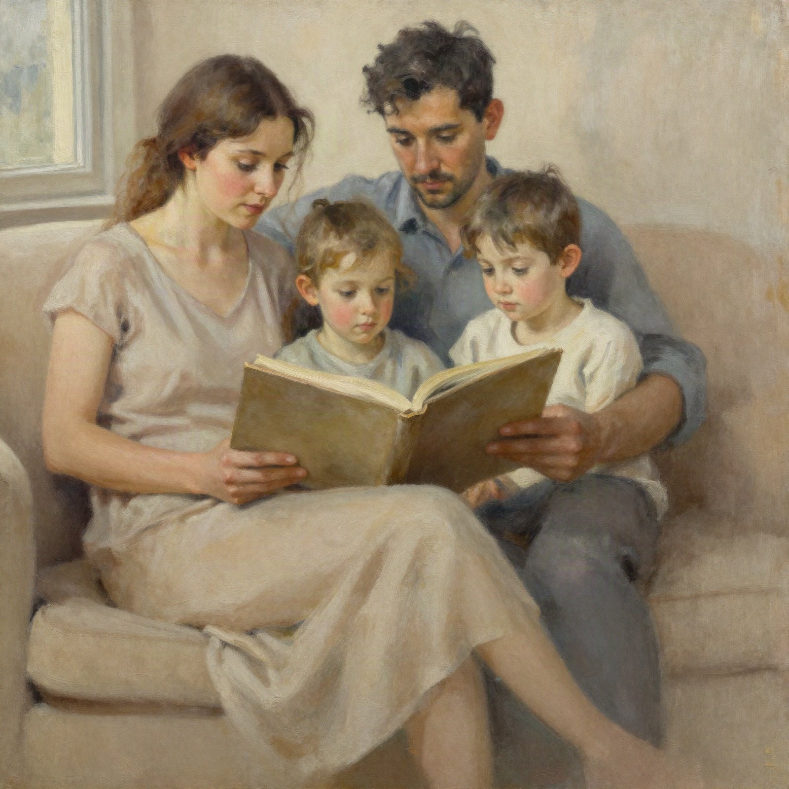 An oil painting of parents reading a book with their two children on a sofa