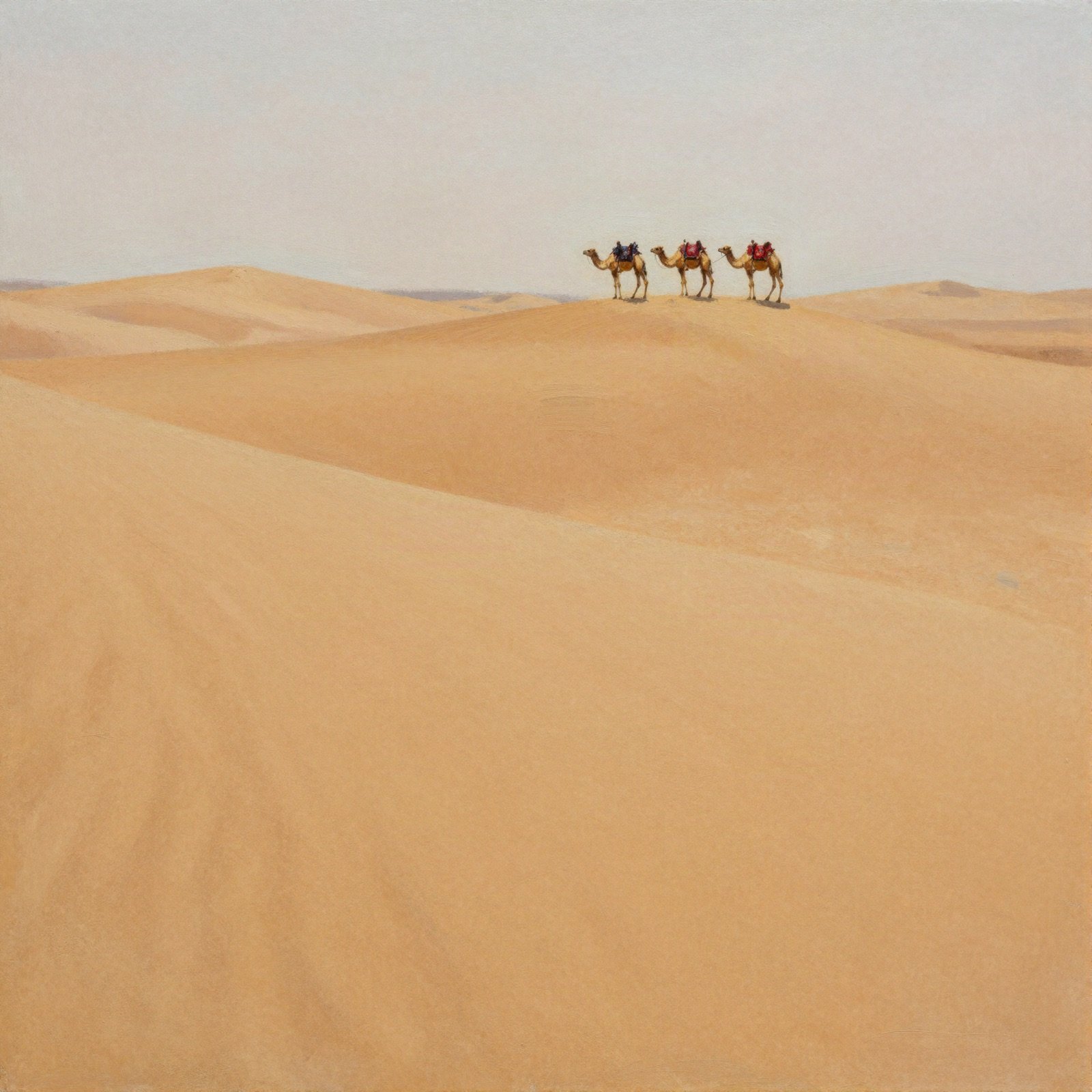 An oil painting of golden desert dunes with a small camel caravan