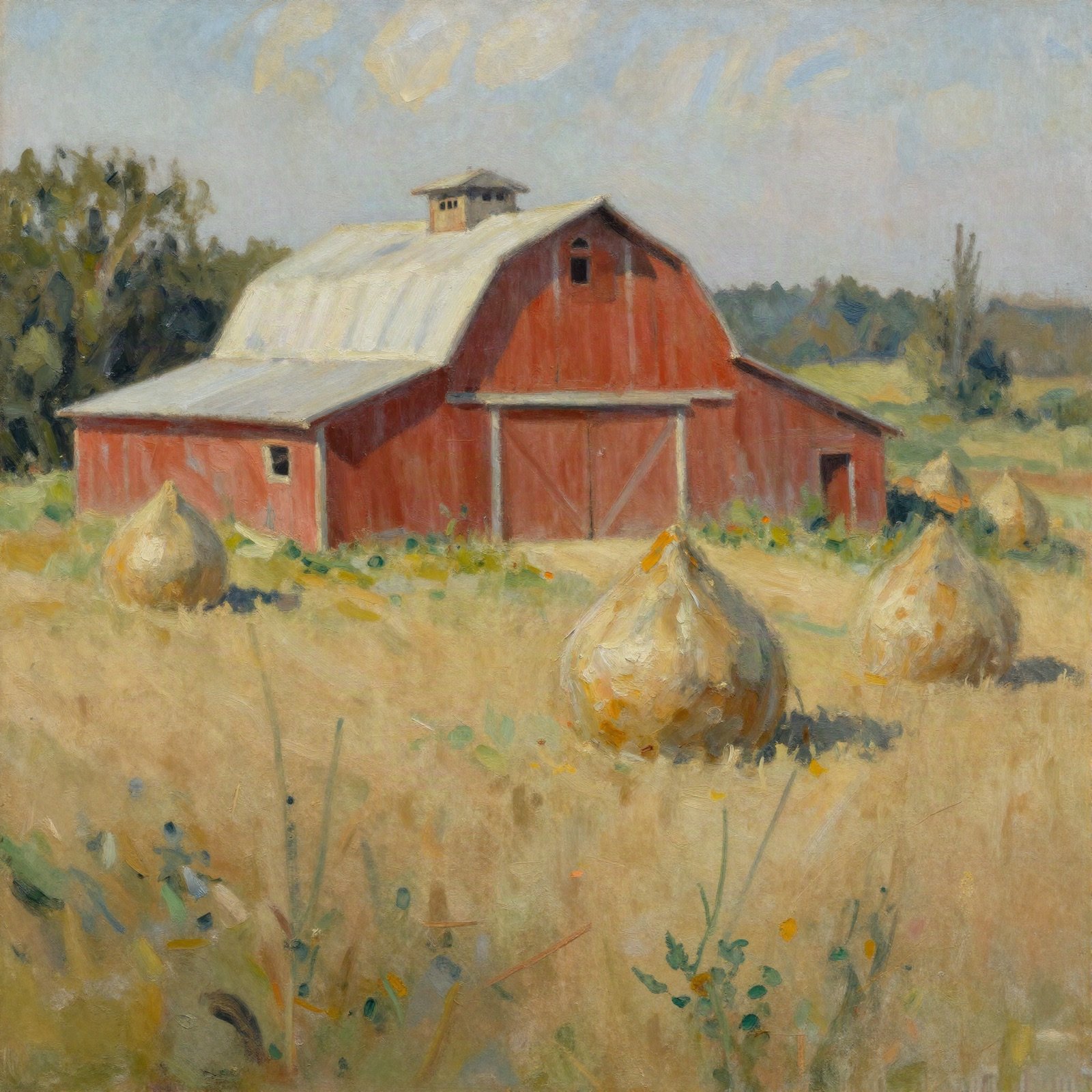An oil painting of a red barn and hay bales in a summer field