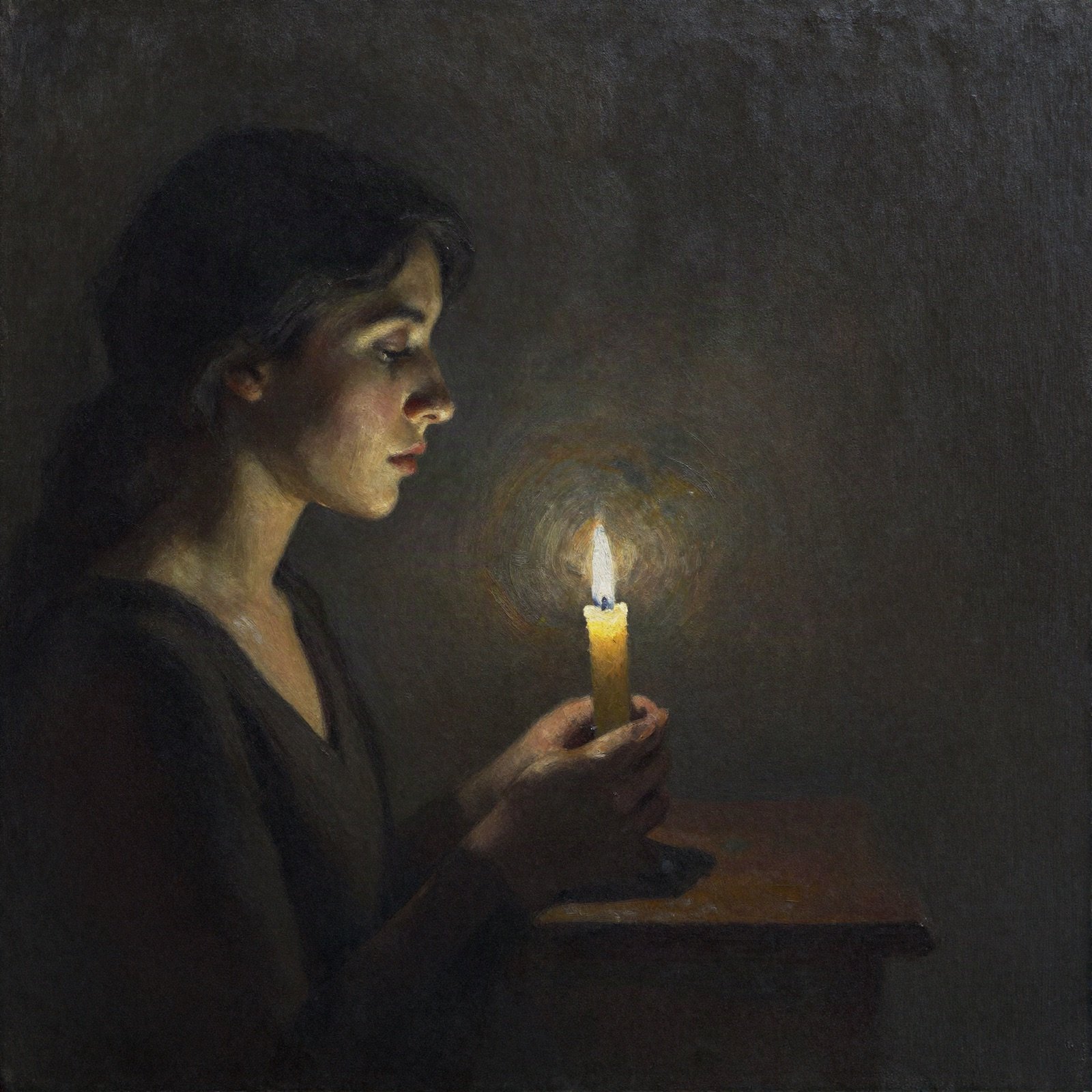 A dark oil painting of a woman's profile lit by a single candle