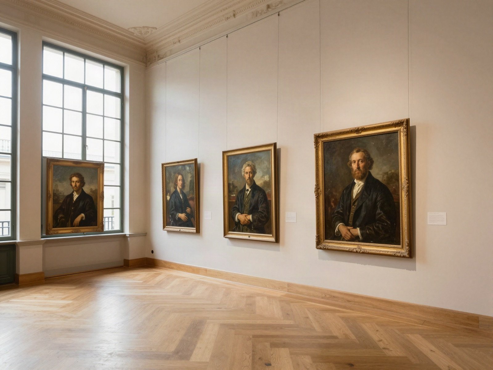 A bright gallery hall with tall windows and framed oil portraits