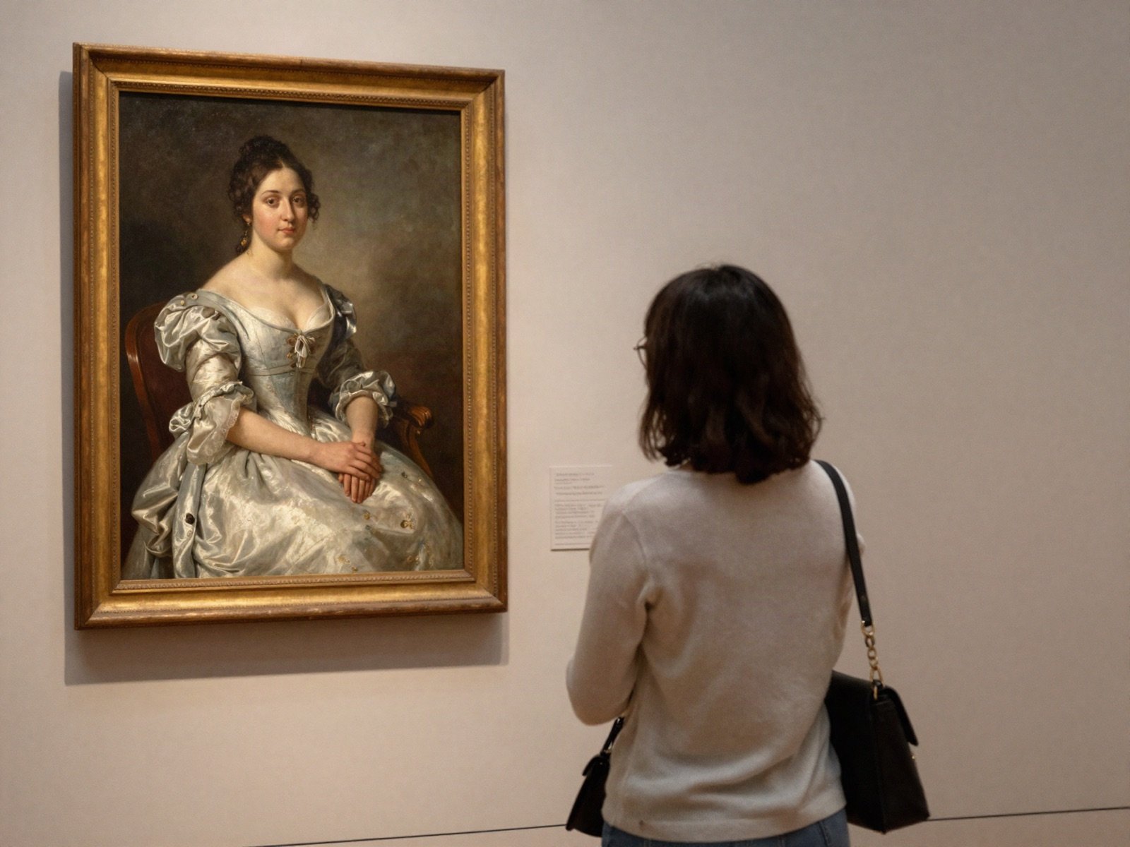 A visitor looking at an oil portrait of a lady in a silver dress