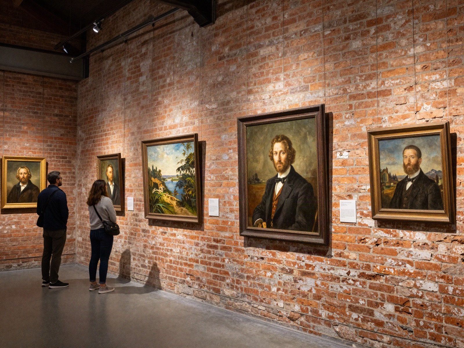 Visitors viewing framed portraits on the brick walls of a warehouse gallery