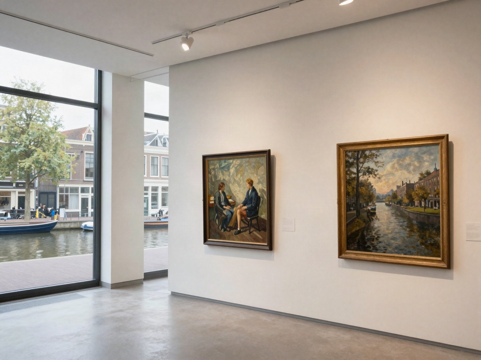 A gallery beside a canal with two framed oil paintings on a white wall