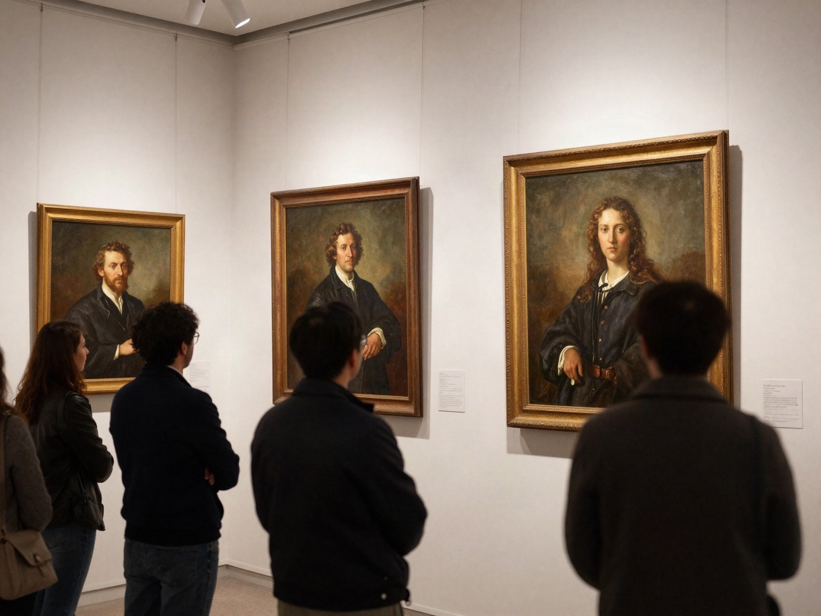 Visitors looking at framed oil portraits at a gallery opening