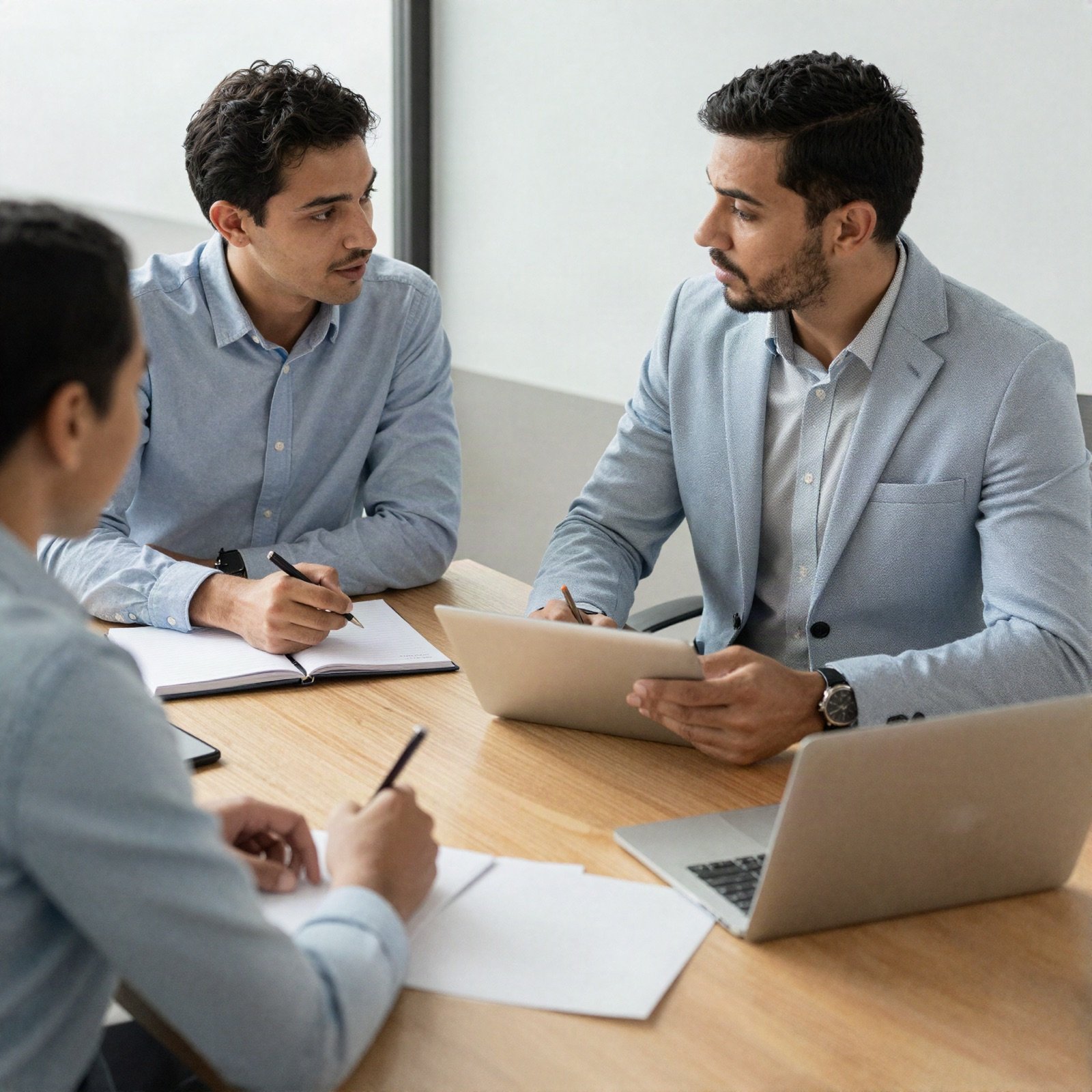 A consultant and two clients in a focused planning meeting with notebooks and laptops