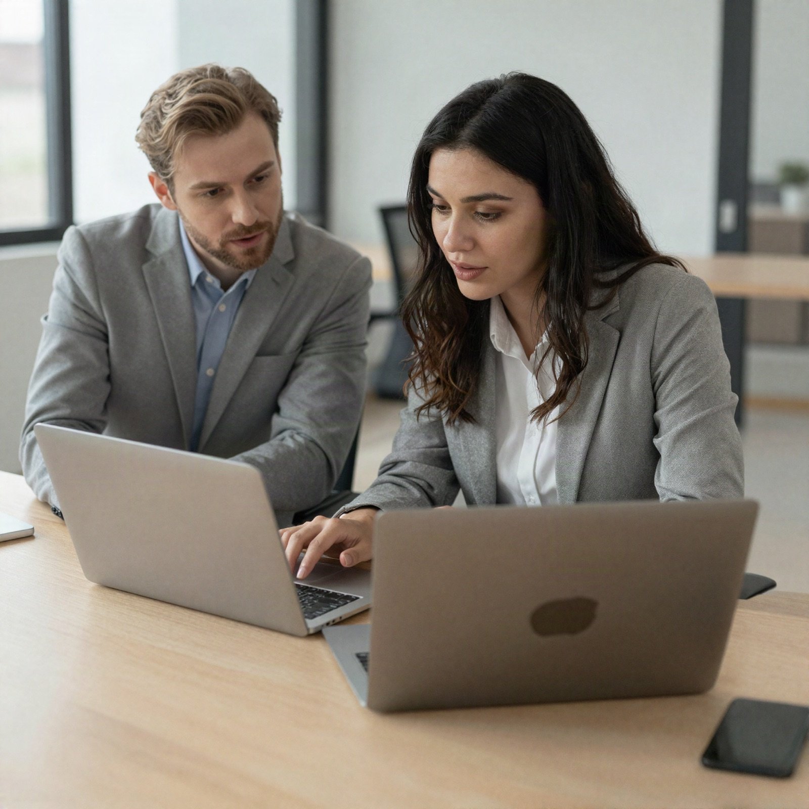 A consultant and a business owner reviewing ideas together on a laptop