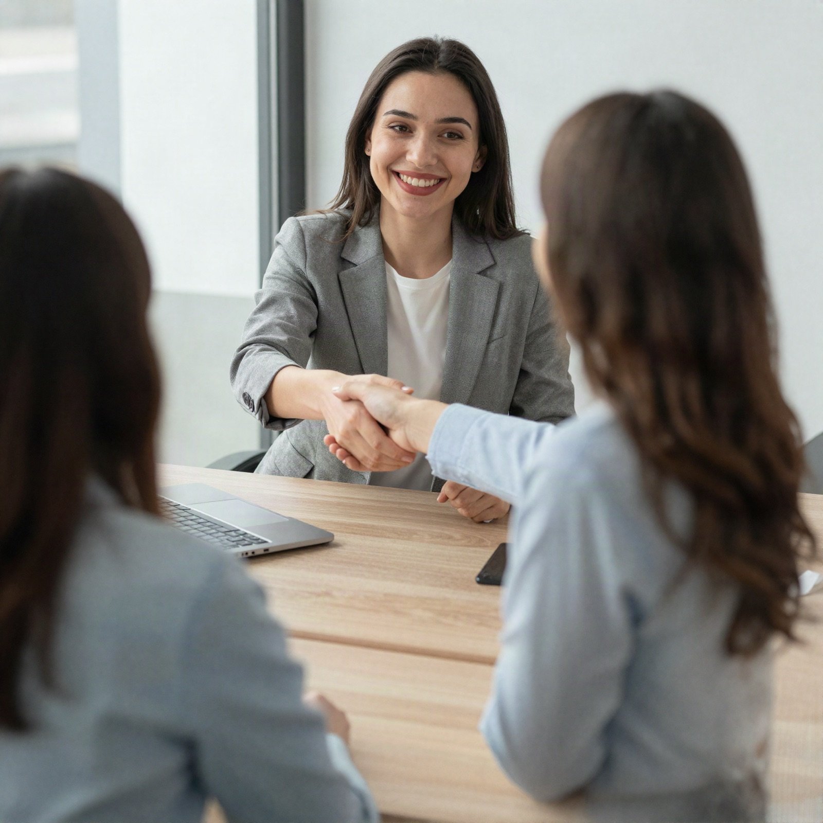 A smiling businesswoman shaking hands with a new client across a desk