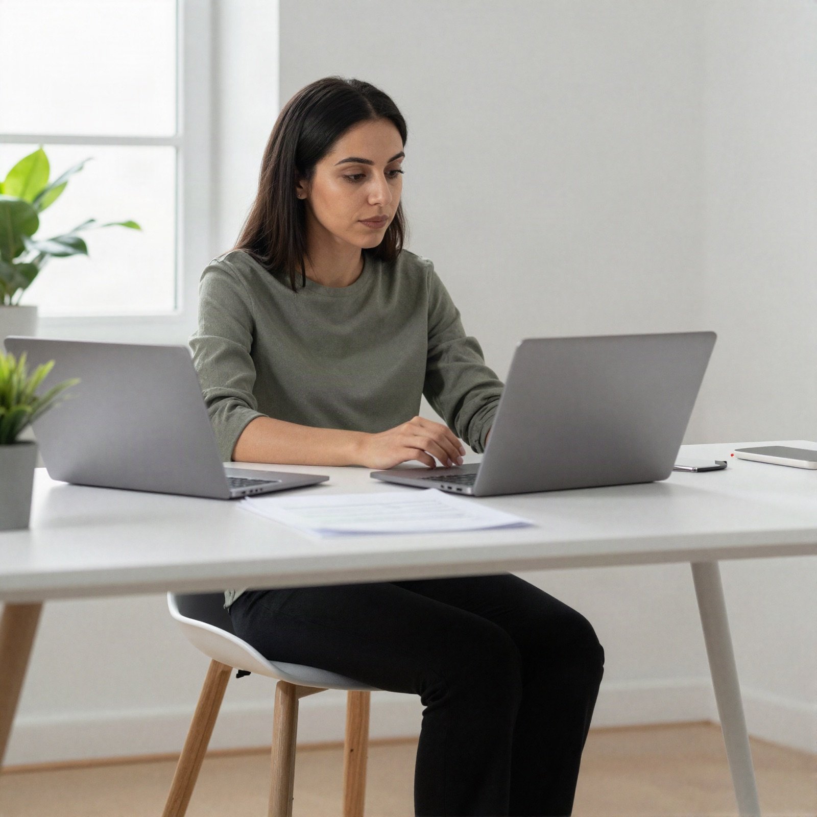A focused entrepreneur working at a tidy white desk beside a bright window