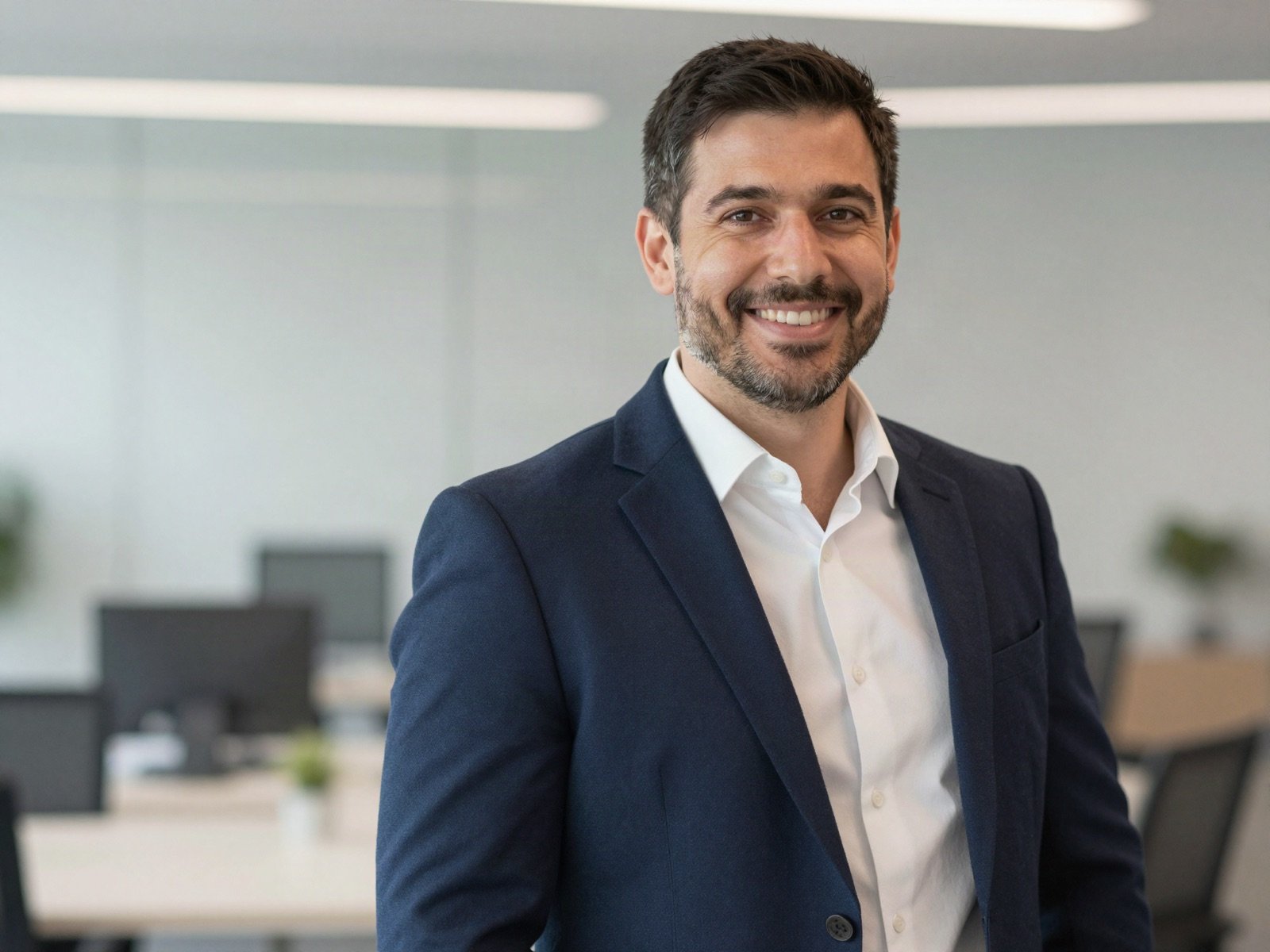 Smiling consultant in a navy blazer in a bright office