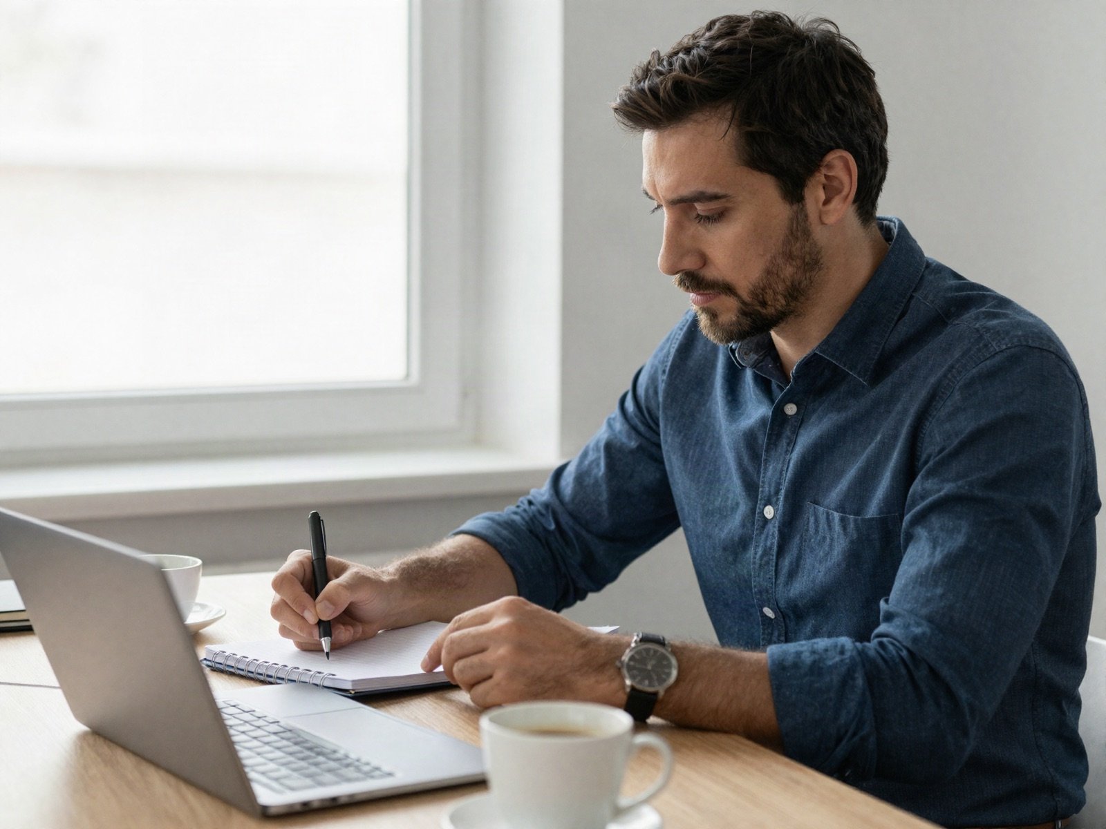 Consultant writing in a notebook beside a laptop and coffee