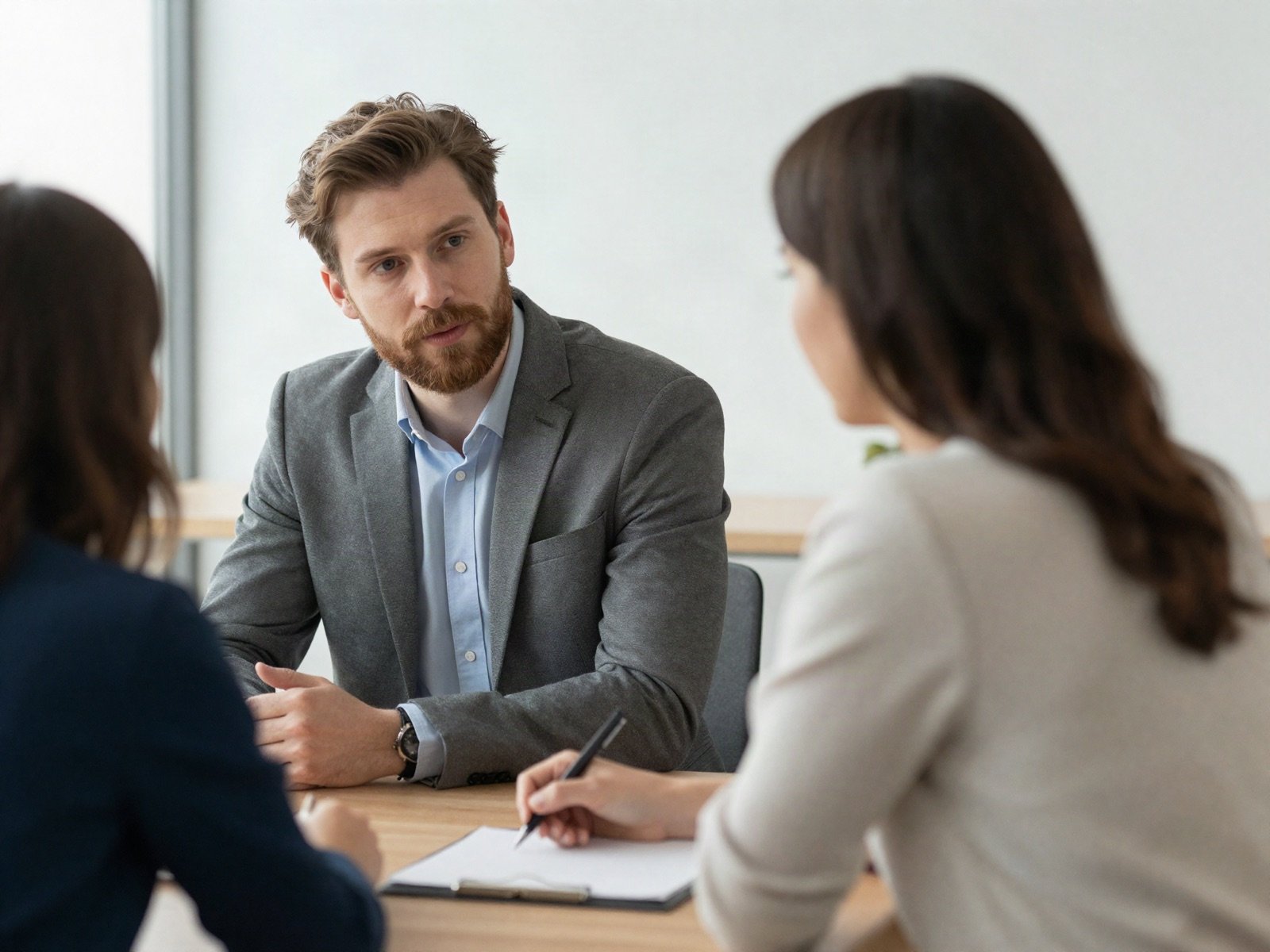 Consultant listening to a client across a meeting table