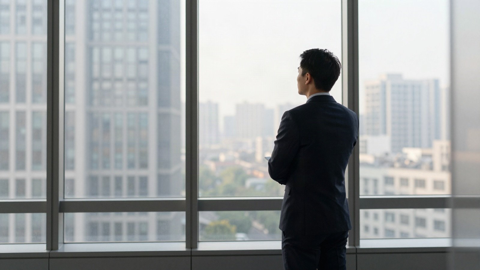 Professional looking out over the city from an office window