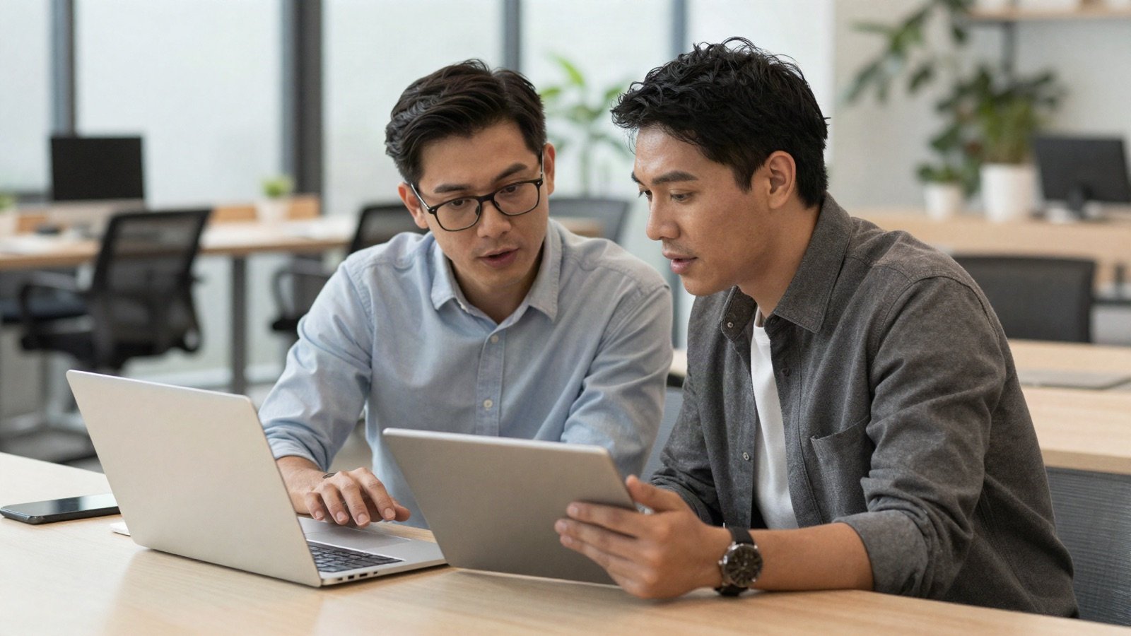 Two consultants reviewing ideas on a laptop and tablet