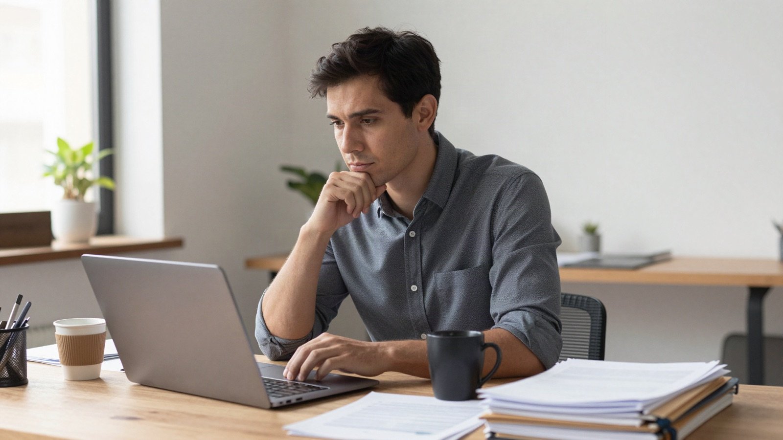Thoughtful entrepreneur at a laptop beside stacks of folders