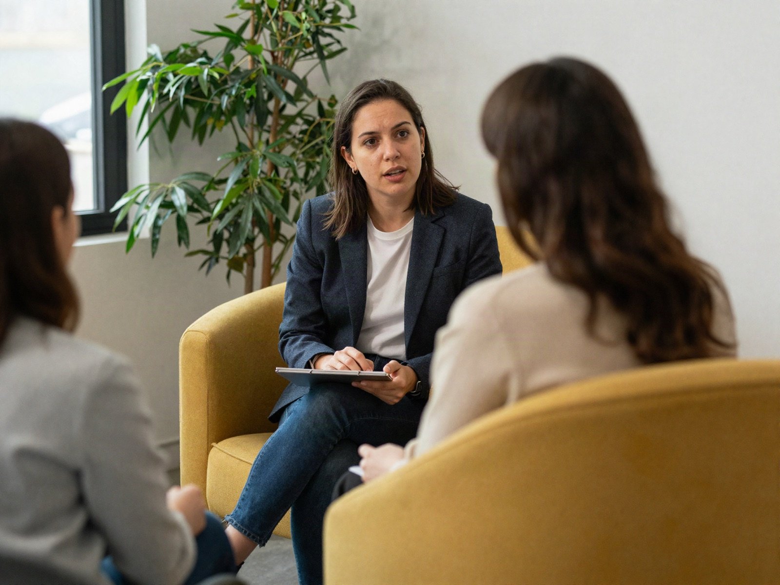 A business coach in a one-to-one session with clients in a bright office with yellow armchairs
