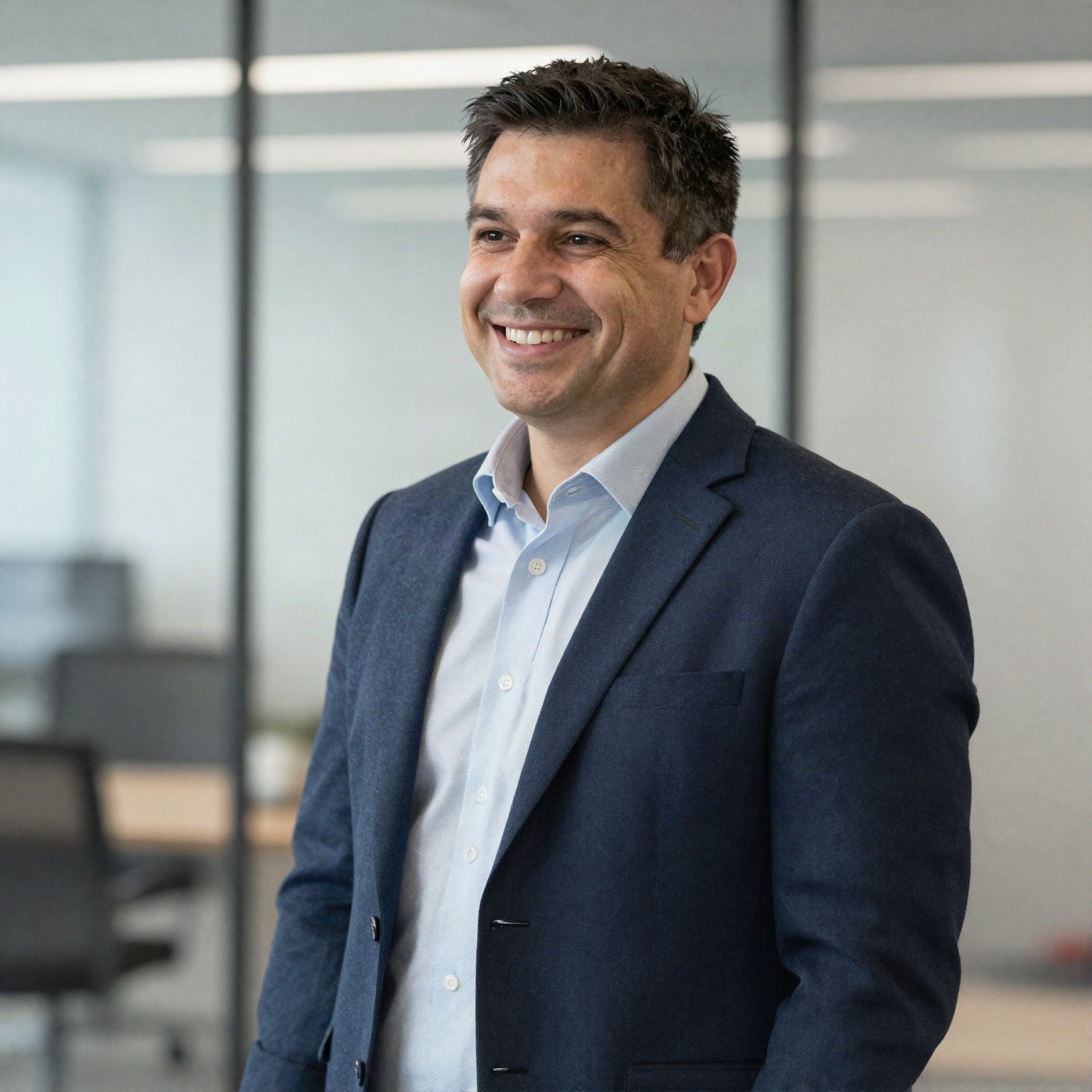 Portrait of a smiling business coach in a navy blazer