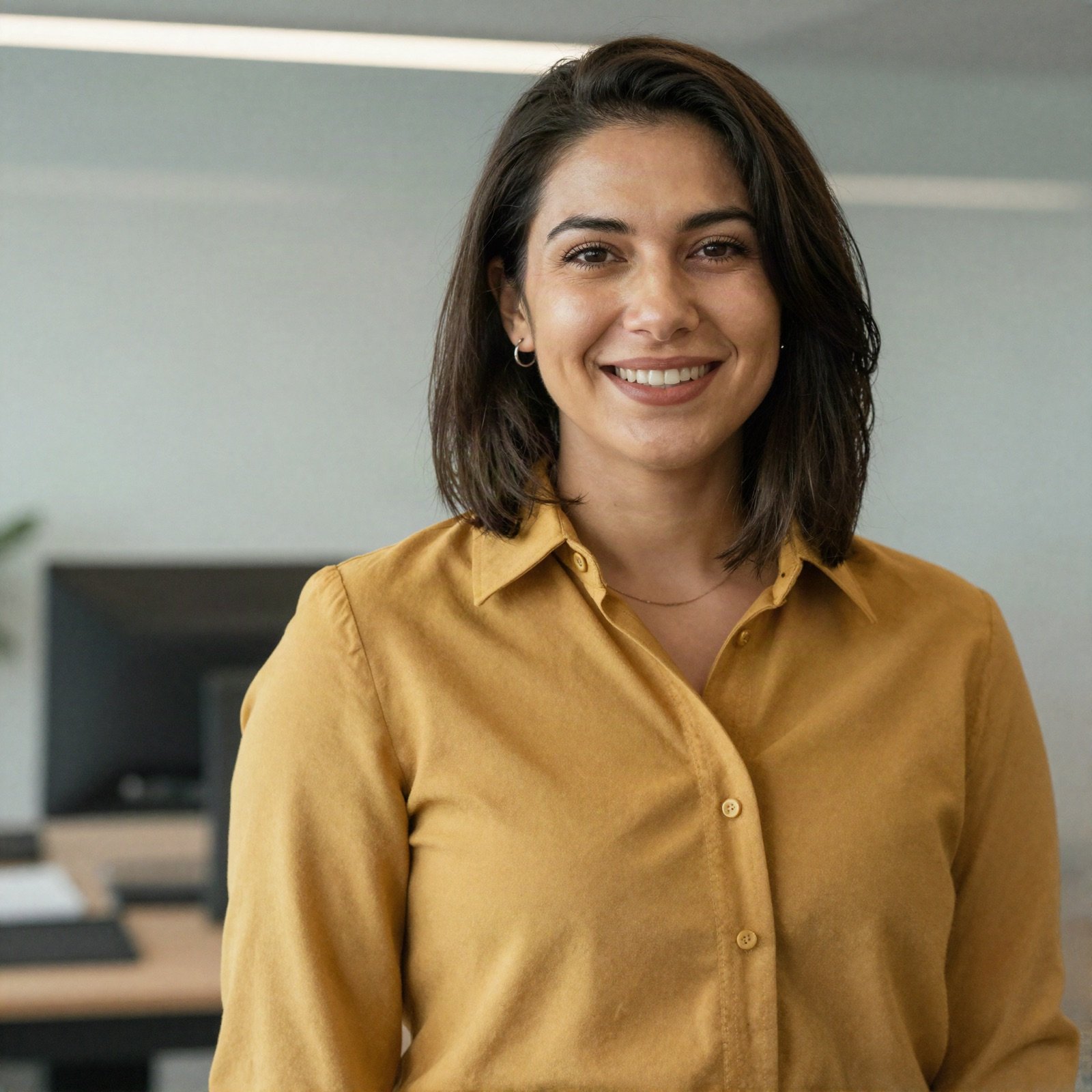Portrait of a smiling coach in a mustard yellow blouse