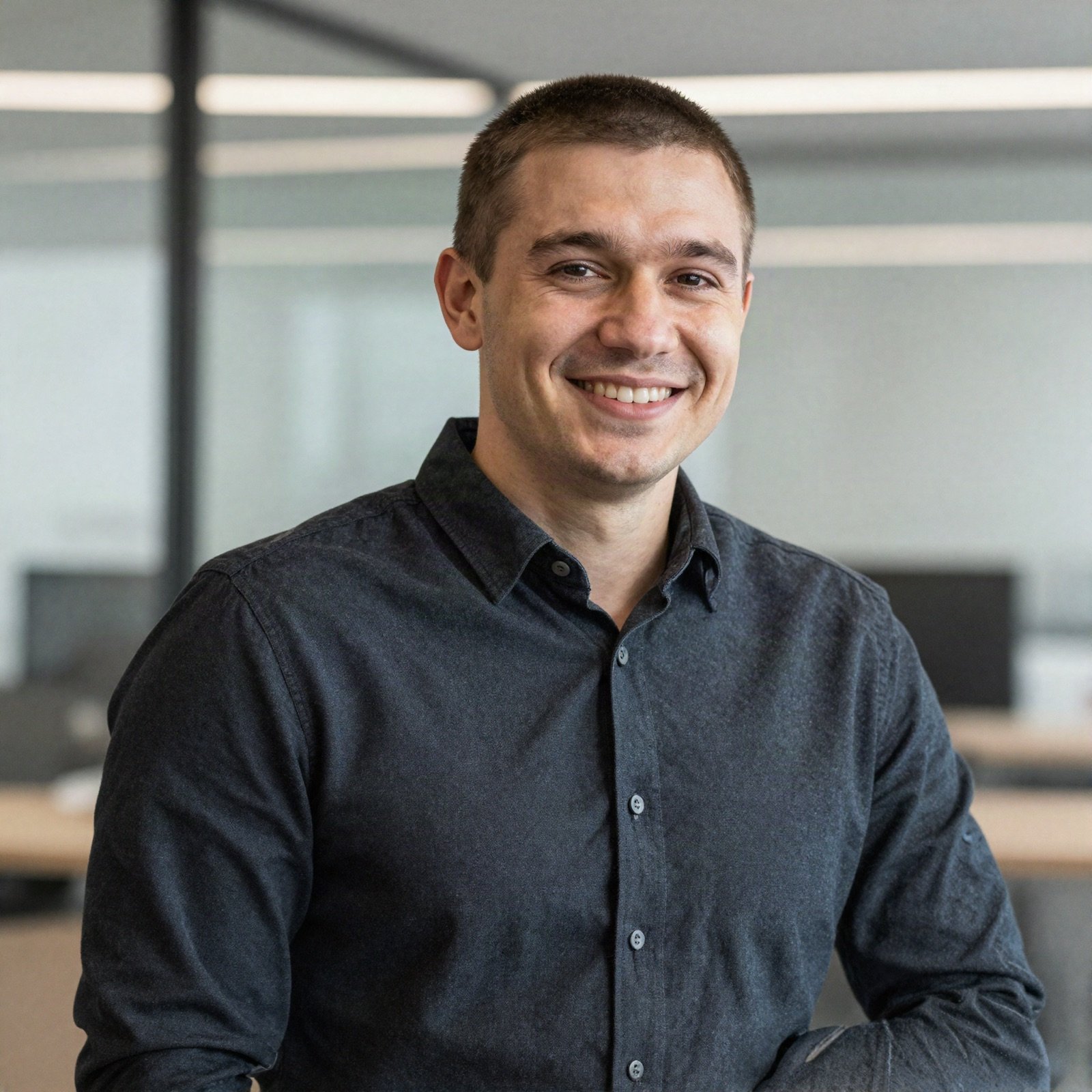 Portrait of a young consultant in a dark shirt