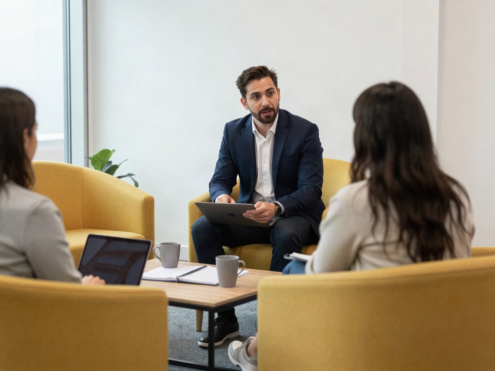 A coach talking with two clients in yellow armchairs
