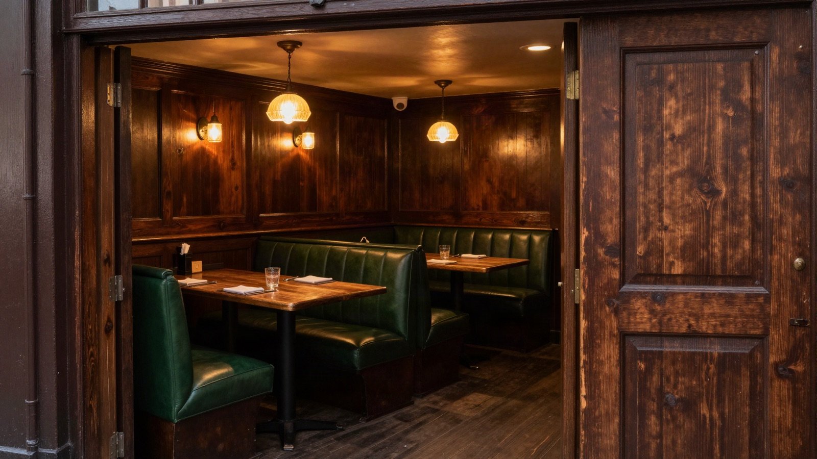 A wood-panelled room with green leather booths under warm pendant lights