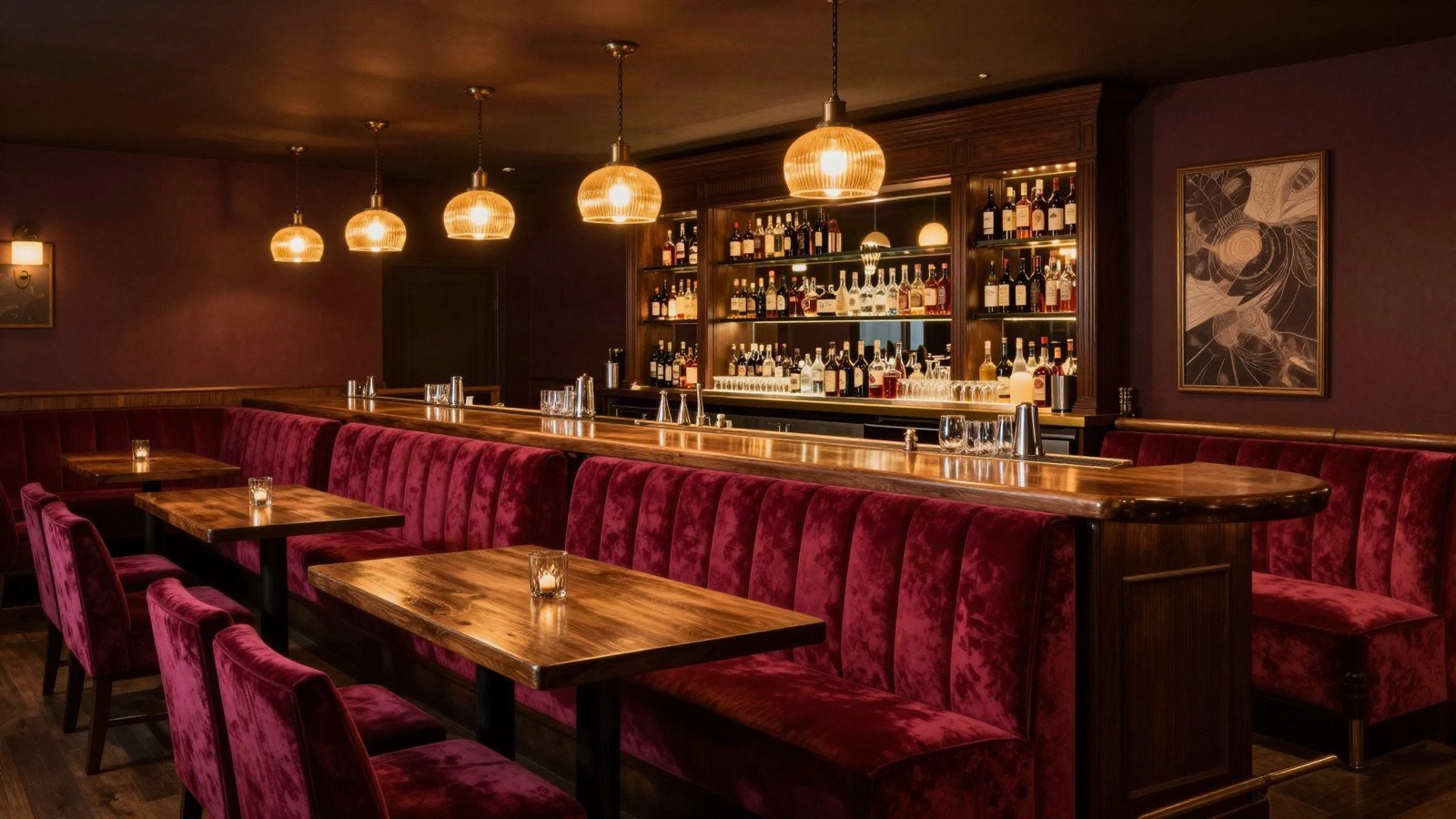Lounge with red velvet booths and warm pendant lights