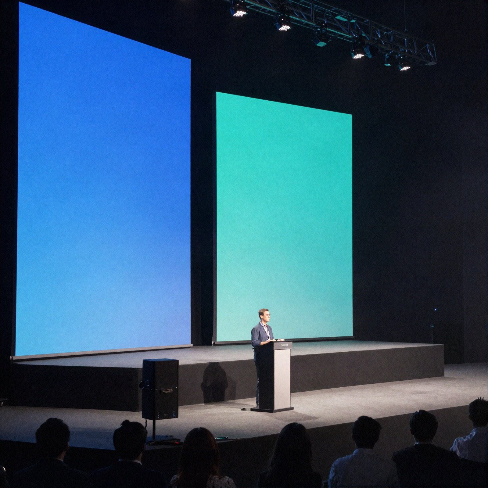 A speaker at a podium on a conference stage lit by large blue and teal screens
