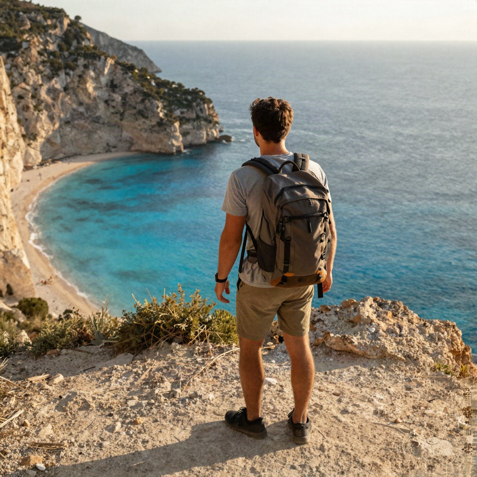 A traveller with a backpack looking over a turquoise bay from a clifftop