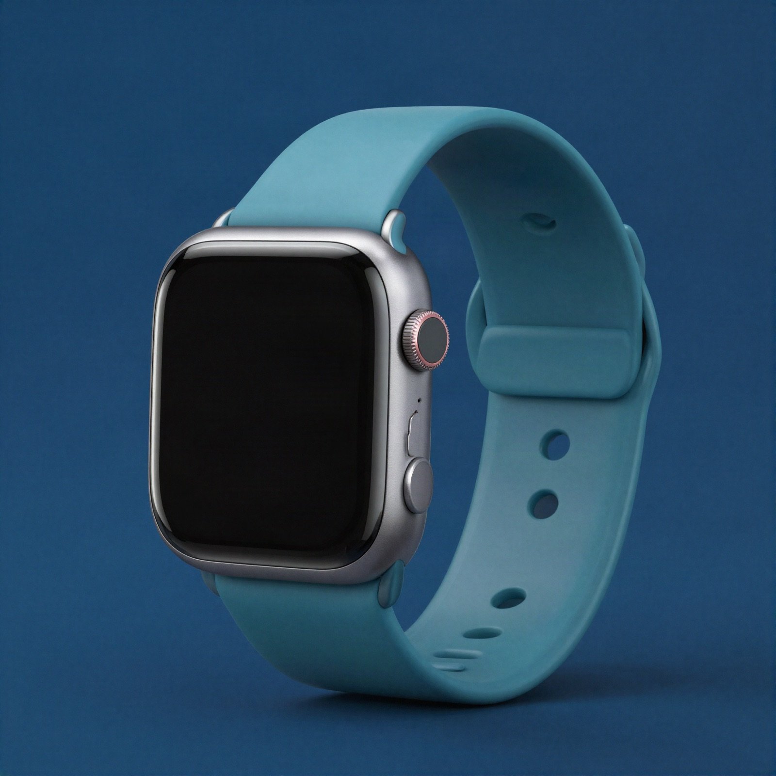 A silver smartwatch with a teal strap on a deep blue background