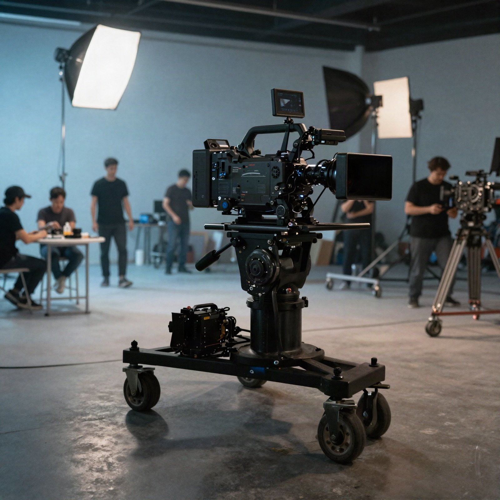 A cinema camera on a dolly on a commercial film set with crew and softbox lights