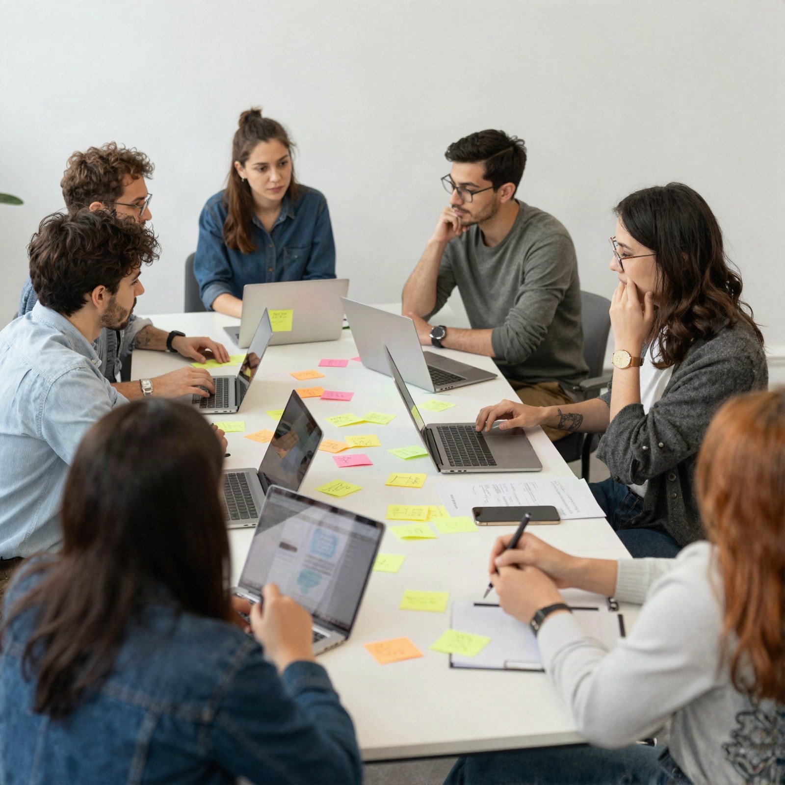 Agency team brainstorming with sticky notes and laptops