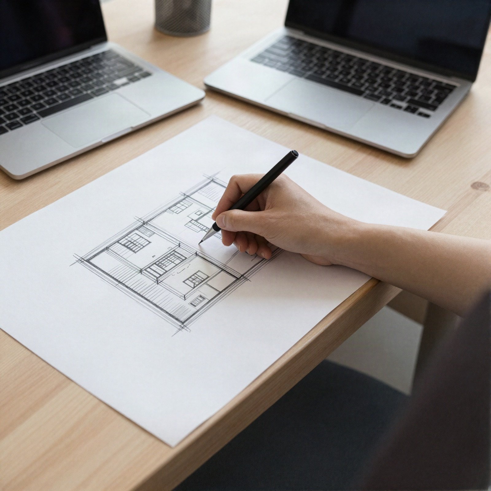 Designer sketching a layout on paper beside laptops