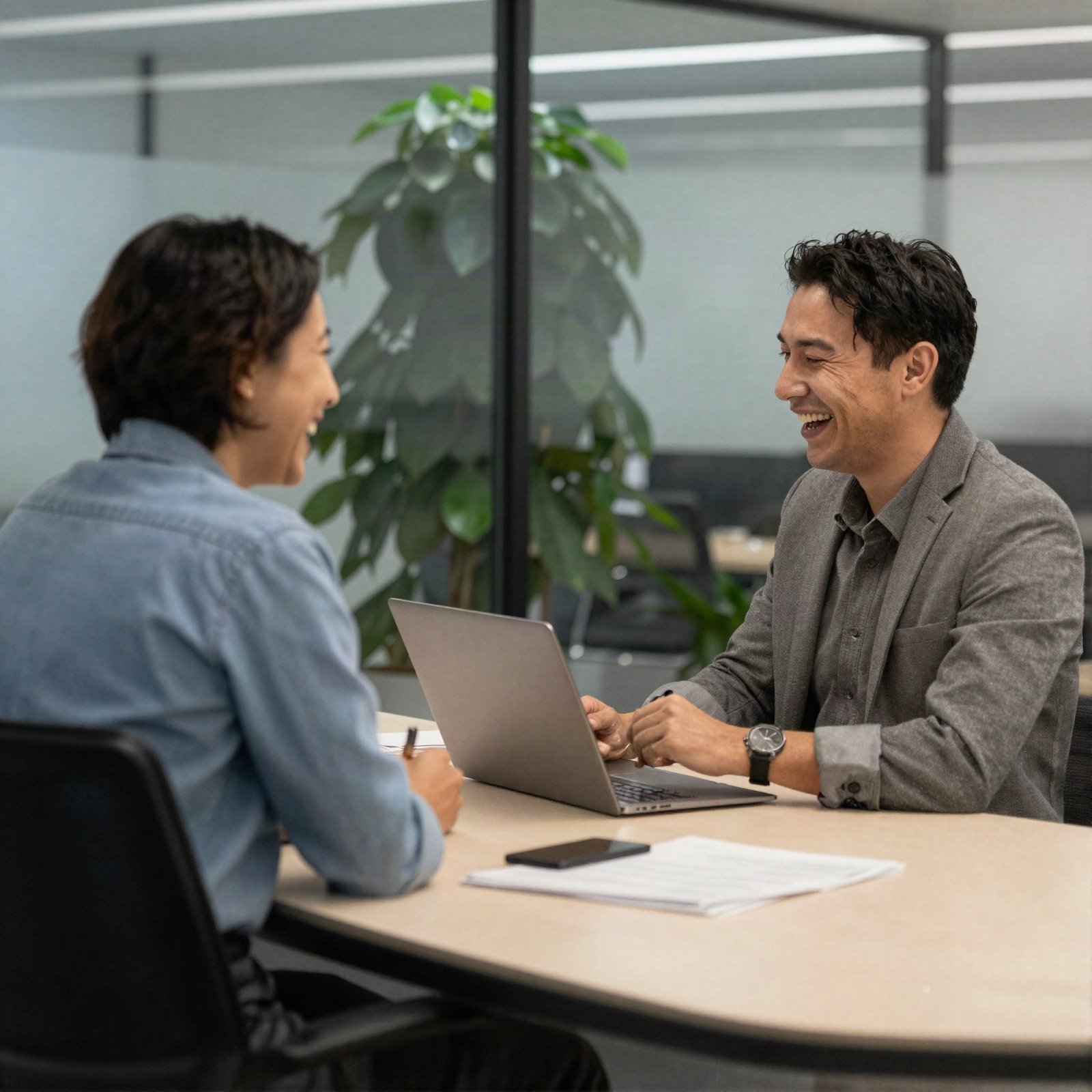 Two colleagues laughing in a glass-walled meeting room